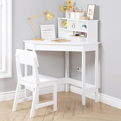 UTEX Escritorio para niños, juego de escritorio de esquina y silla, mesa de estudio para niños con almacenamiento y gabinete para uso escolar en