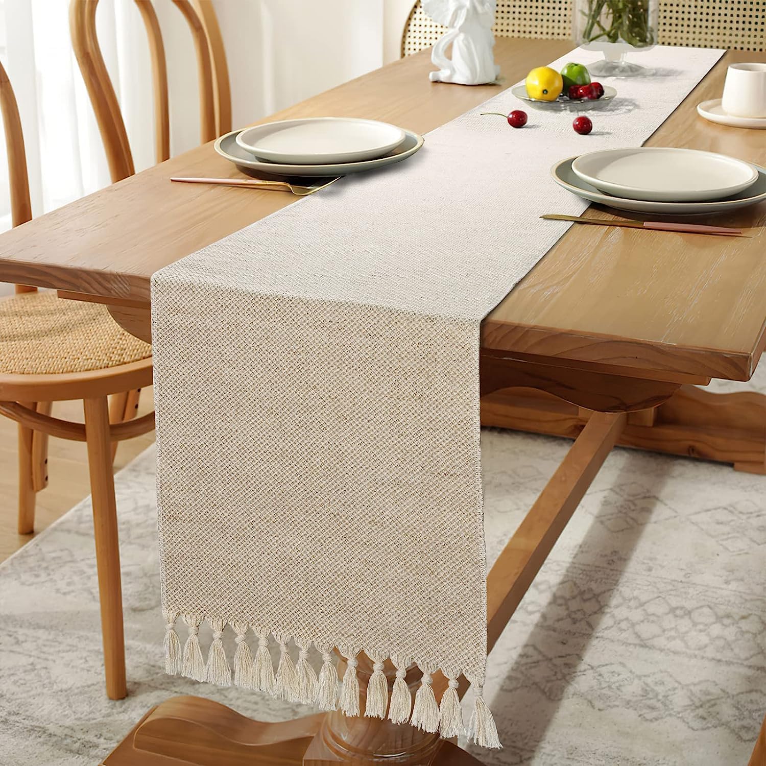 LOMOHOO Table Runner,Cotton Flax Table Runner with Handmade Tassels,Tabletop Collection,Dining Table Decorations for Picnic Party Kitchen Wedding (Waffle parttern, 12x94inches)