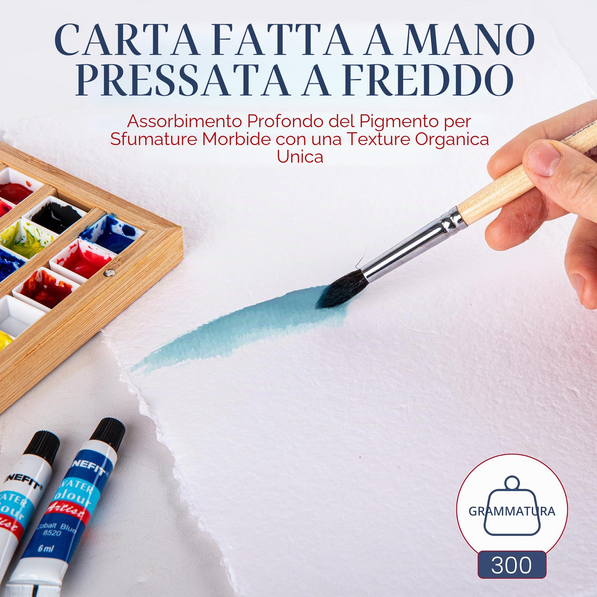 Wanderings Carta per Acquerello Spessa Fatta a Mano con Bordo Irregolare – 23×30,5 cm – 300 GSM – Carta Bianca Pressata a Caldo per Tecniche Miste in Cotone Riciclato – 25 Fogli Sfusi