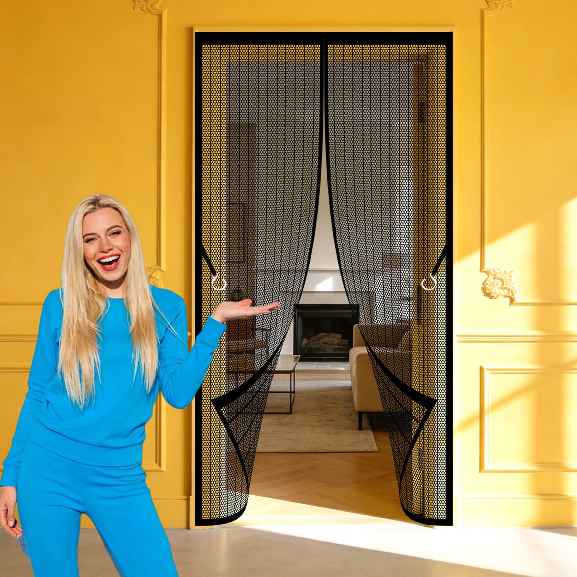Polyester Magnetic Door 136 x 271 cm with Magnetic Closure Fly Screen Door with Magnets Easy to Install Without Drilling for Home, Bedroom, Living Room, Kitchen, Patio, Black