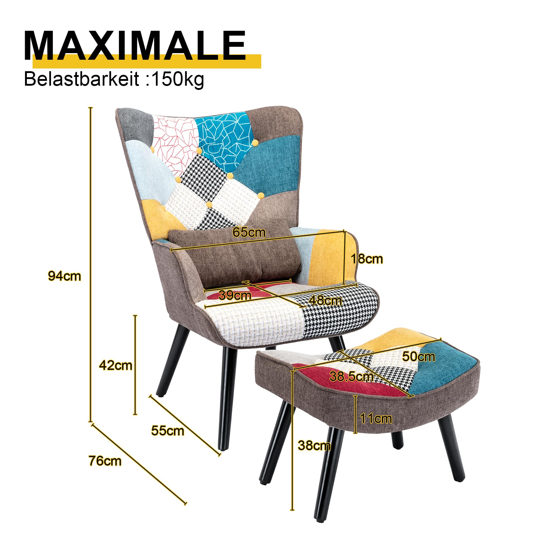 Sillón Orejero Patchwork con Reposapiés y Cojín Lumbar, Marrón | Patas de Madera Maciza, Tela de Lino y Diseño Ergonómico, Butaca de Lectura para Salón y Dormitorio, Soporta hasta 150 kg
