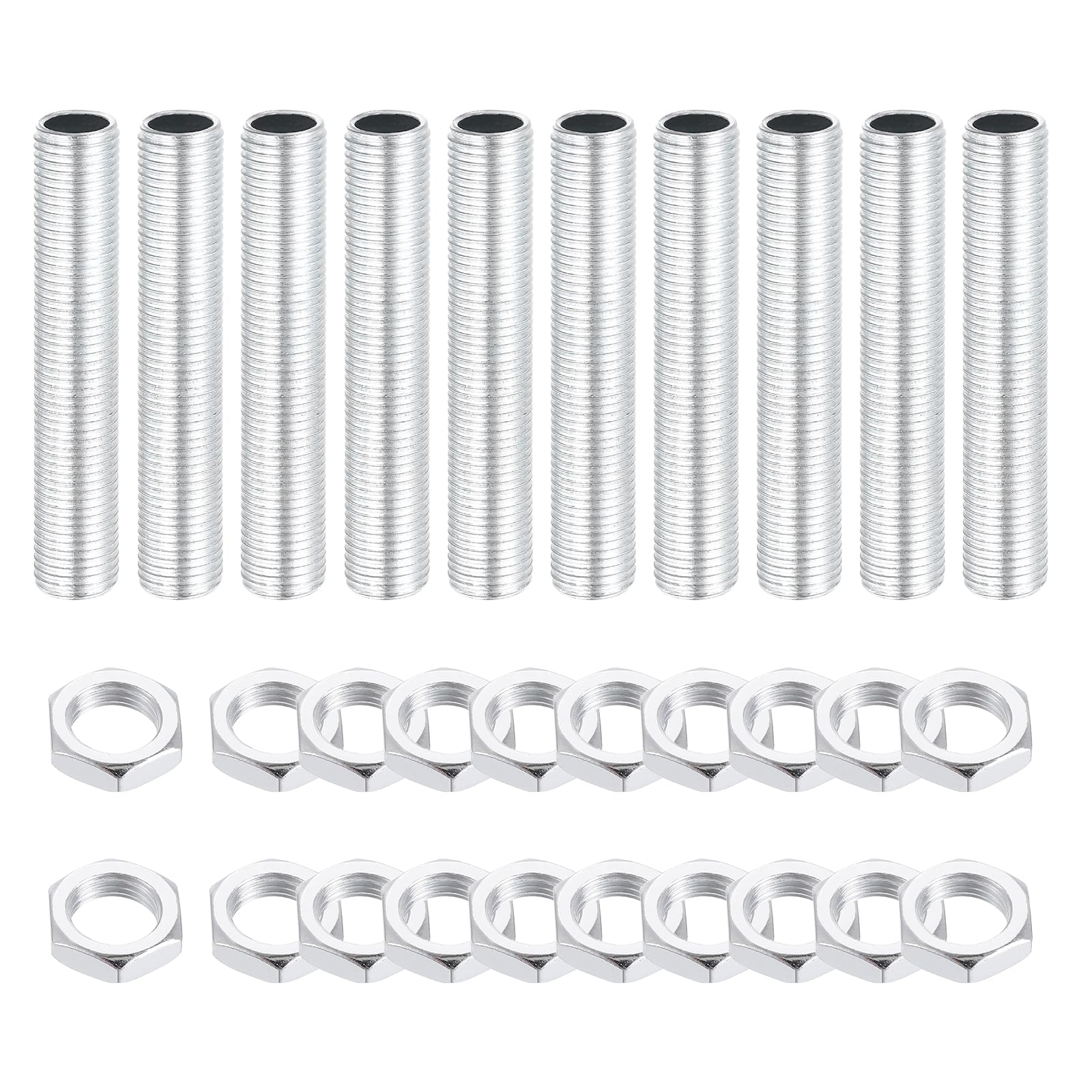 sourcing map 10Pcs 55mm Lamp Pipe Nipples Kit with Lock Nuts, M10x1 Fine All Threaded Hollow Tube Lamp Repair Hardware Fasteners for Chandelier Ceiling Lamps Assembly DIY, White Zinc