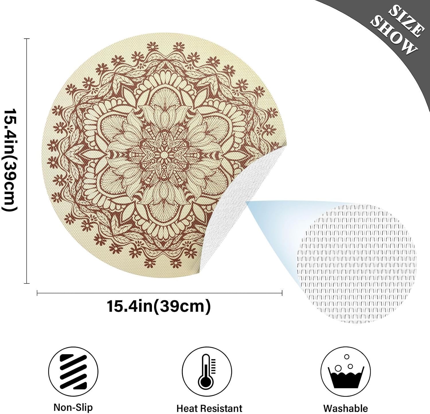 Round Placemats Set of 6 Non Slip Table Mats Washable Heat Resistant Place Mat for Kitchen Dining Table Home Decor 15.4 Inch Mandala Flower