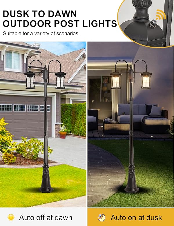 EERU Dusk to Dawn Outdoor Lamp Post Light with Outlet, Electric 2-Head Outdoor Pole Light Farmhouse Street Light Post for Outside Waterproof Black Exterior Pillar Lantern for Garden Patio Driveway by EERU - Image 3