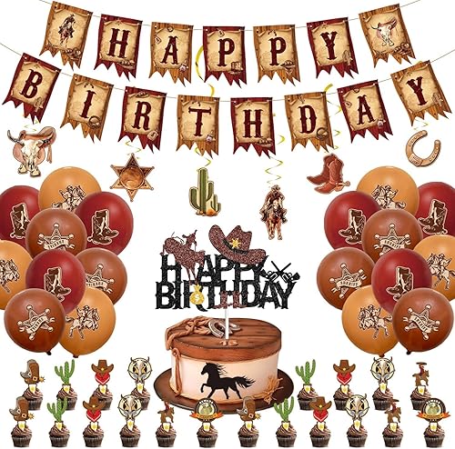 Decoraciones de fiesta de vaquero, tema del salvaje oeste con 64 piezas, incluyendo globos, pancarta, decoración de pastel, remolinos colgantes,