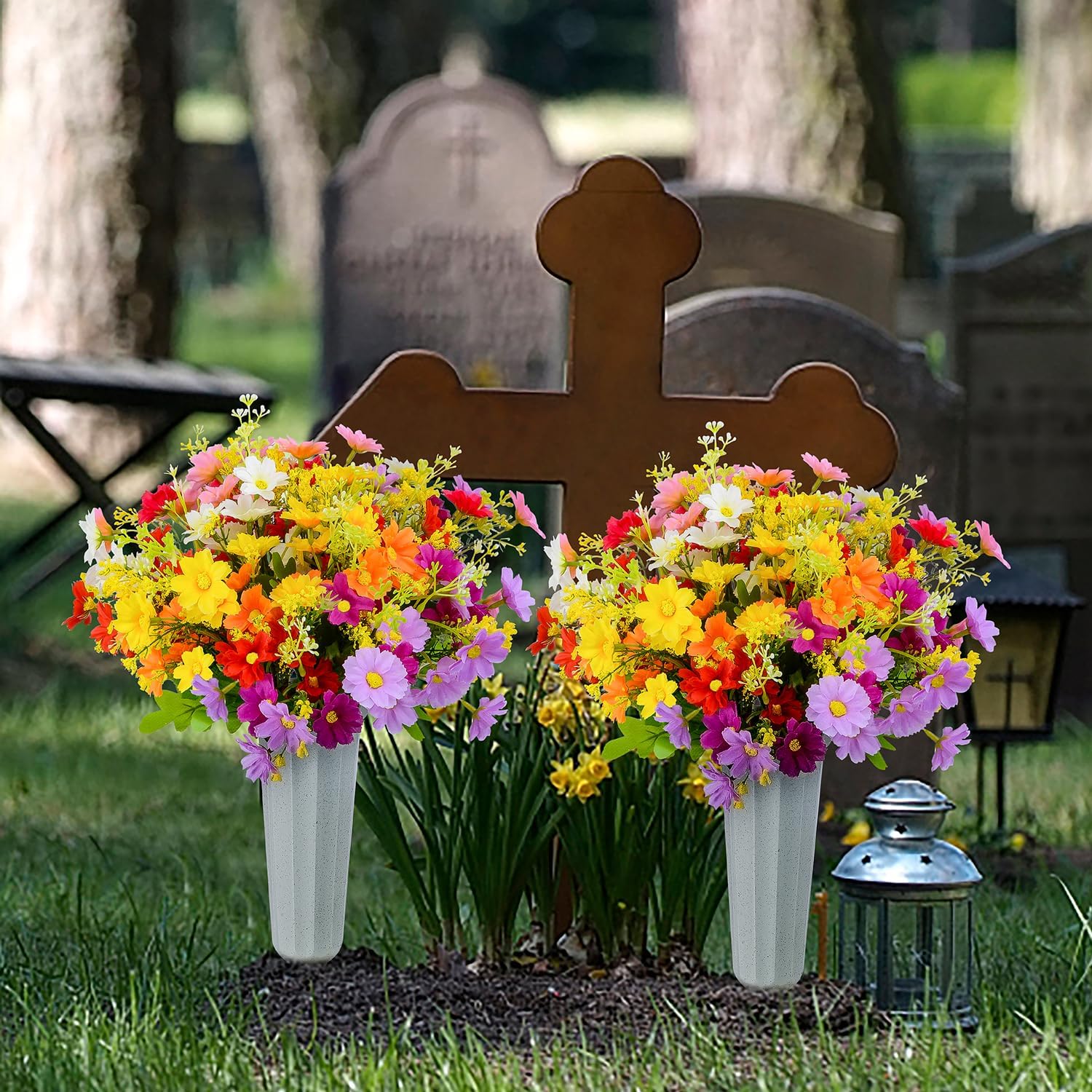 XONOR Artificial Cemetery Flowers Memorial Silk Daisy with Vase for Grave Headstone Decoration, Assorted Colors Daisy for Spring Summer Decoration - Image 7