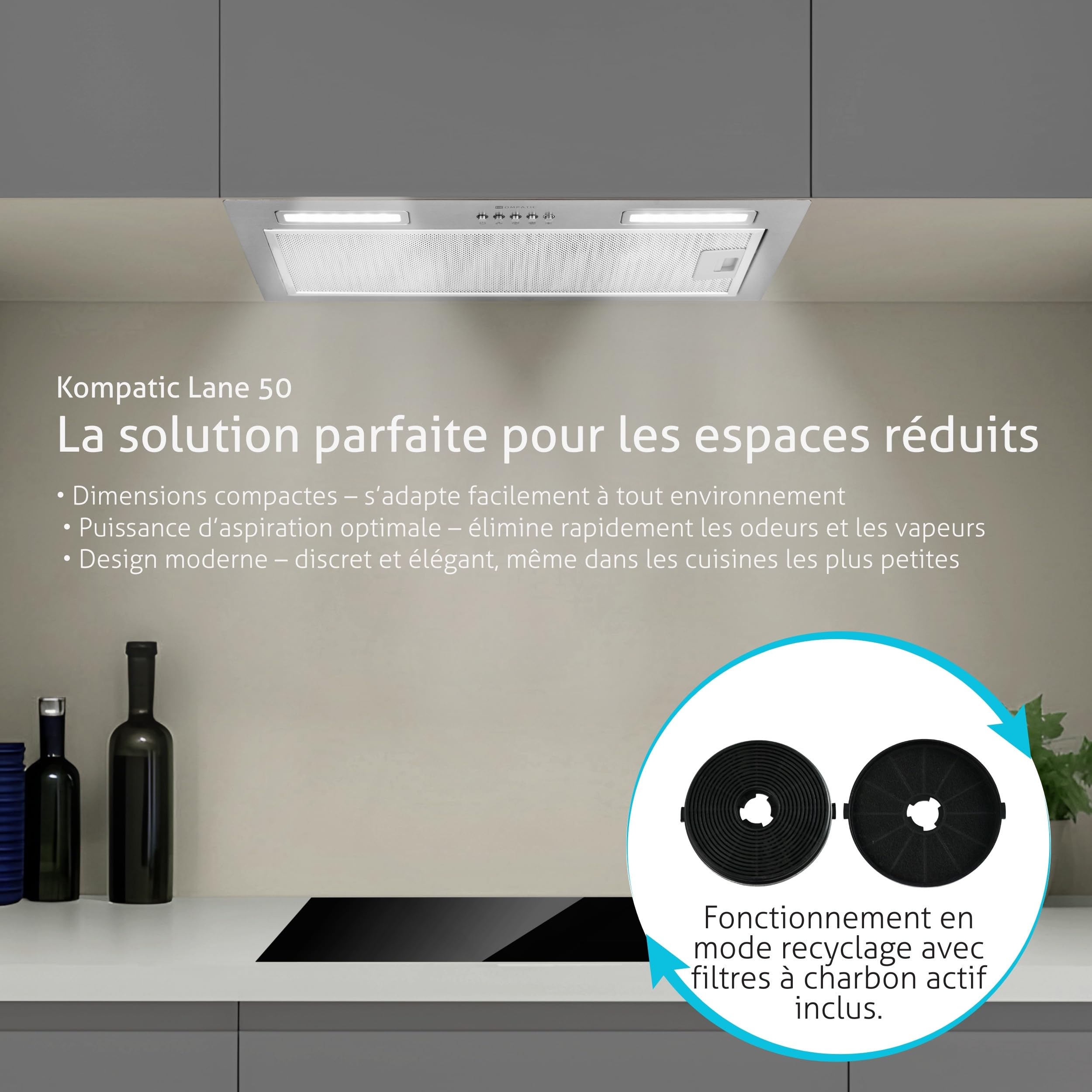 Lane 50 KLN50SI Hotte Aspirante Encastrable, A+++, 50 cm, 450 m³/h, Filtre à Charbon KCF4 Inclus, Minuterie, Contrôle électronique, LED, 3 vitesses + boost, Acier, Évacuation ou Recyclage