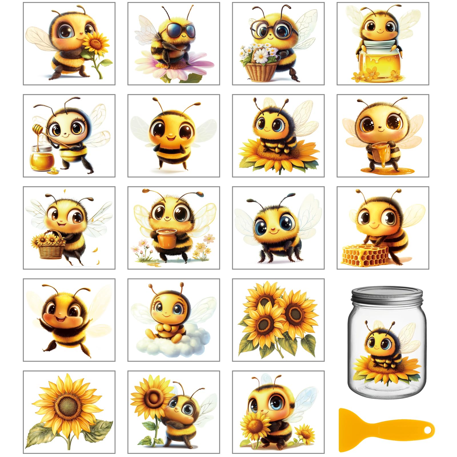 GLOBLELAND 18 Sheets Cute Bee Rub on Transfer 3.9x3.6inch Colorful Insect Flowers Vase Home Decals Daisy Cup Transfer Stickers for Furniture Vase Glass Art Crafts Decorations