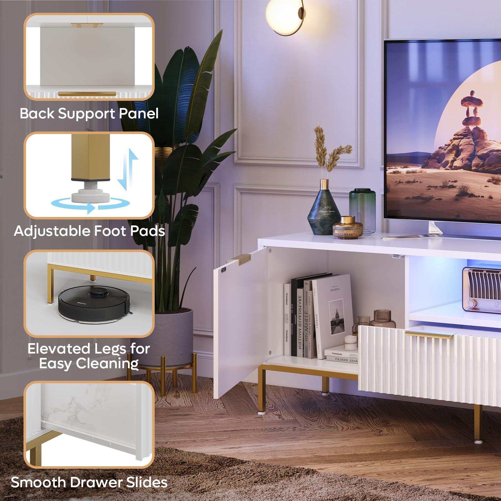 Bestier Mobile TV con superficie scanalata per TV da 32/60", moderno centro di intrattenimento con spazio di archiviazione, console multimediale con motivo ondulato per soggiorno e camera da letto