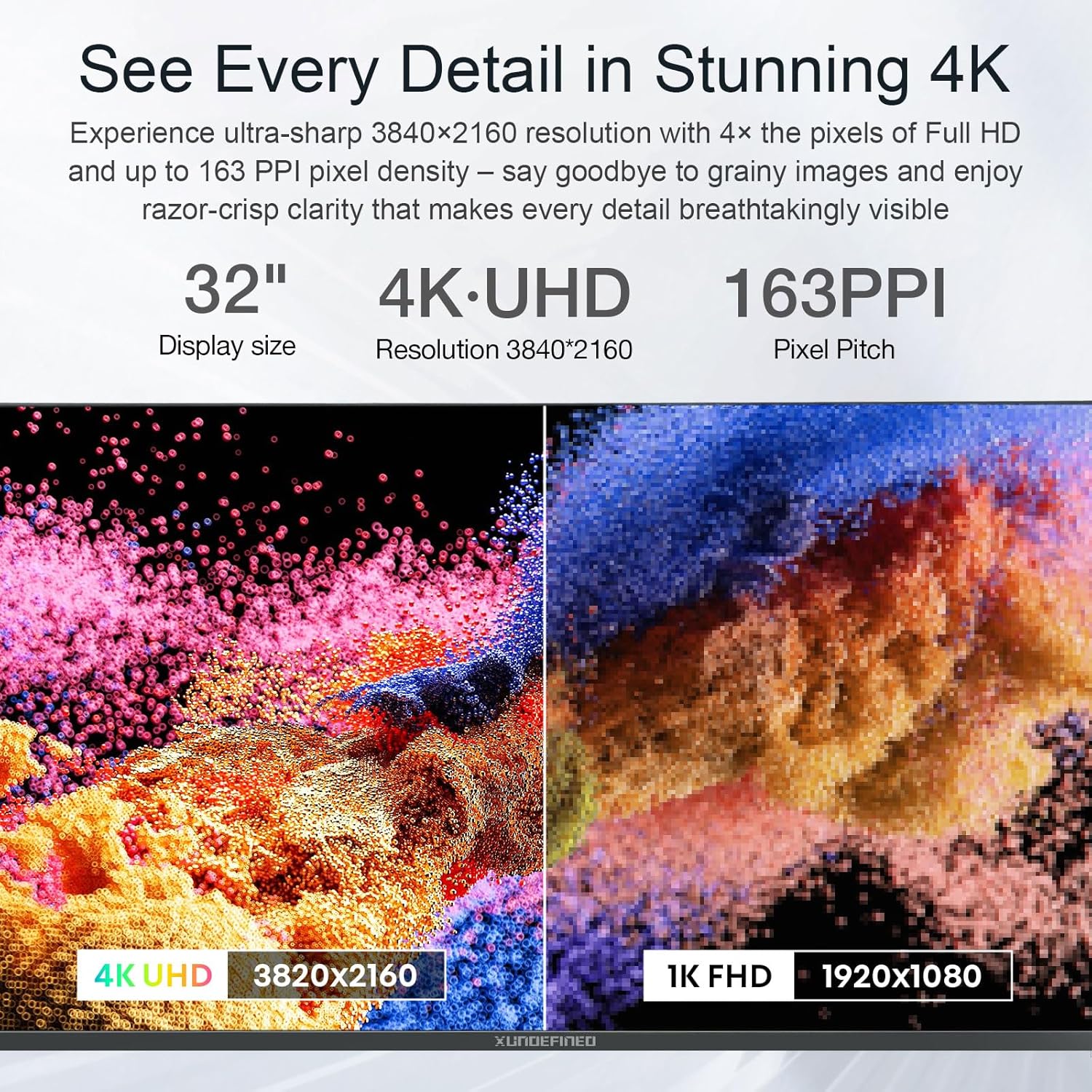 Split screen comparison on XUNDEFINED 32 Inch 4K UHD Monitor showing 4K UHD (3840x2160) versus 1K FHD (1920x1080) resolution, emphasizing superior detail in 4K.
