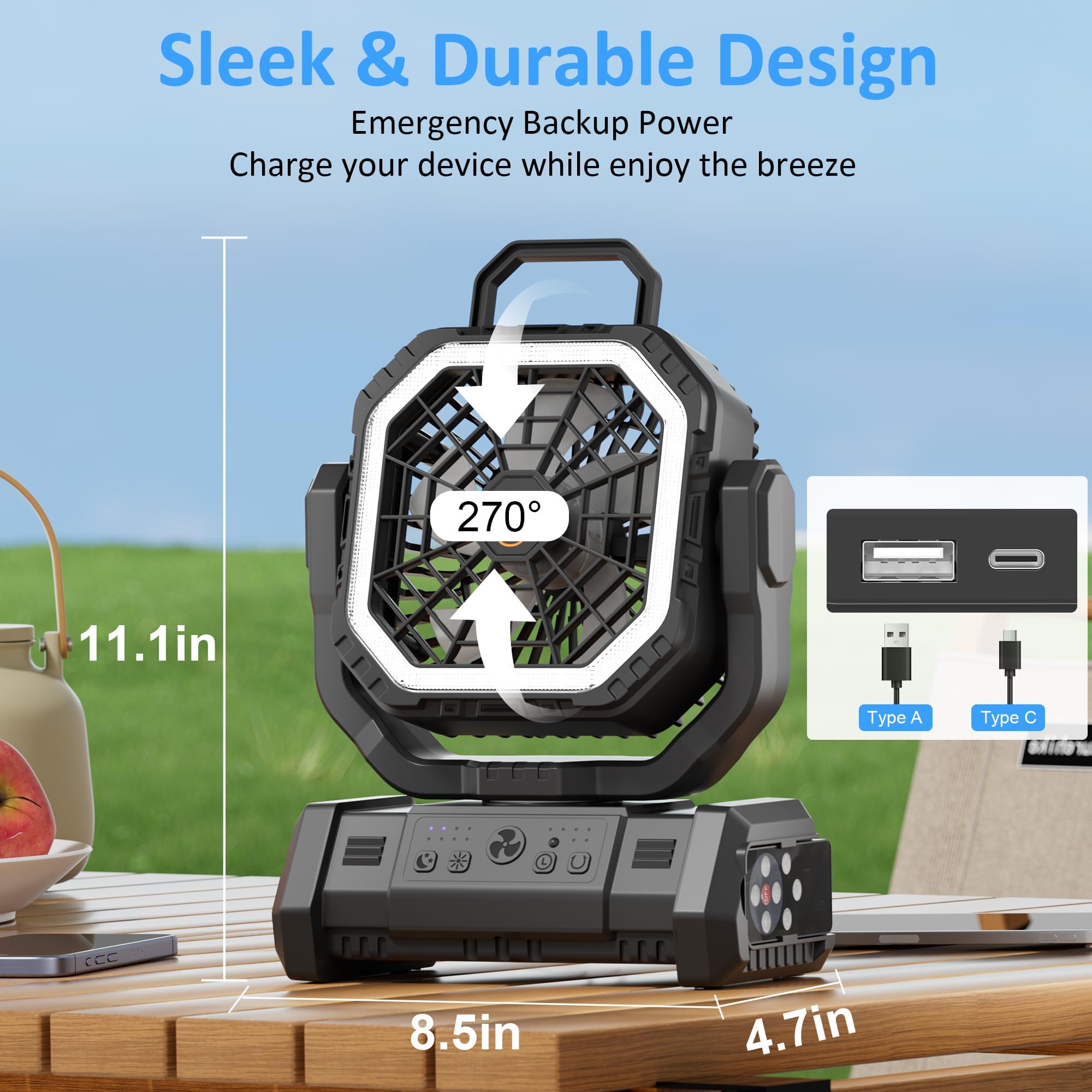 Ventilatore portatile ricaricabile, 20000 mAh, senza fili, alimentato a batteria, con luce LED e telecomando, 4 velocità di vento, timer, USB C, gancio per appendere a 360°, ventole oscillanti per