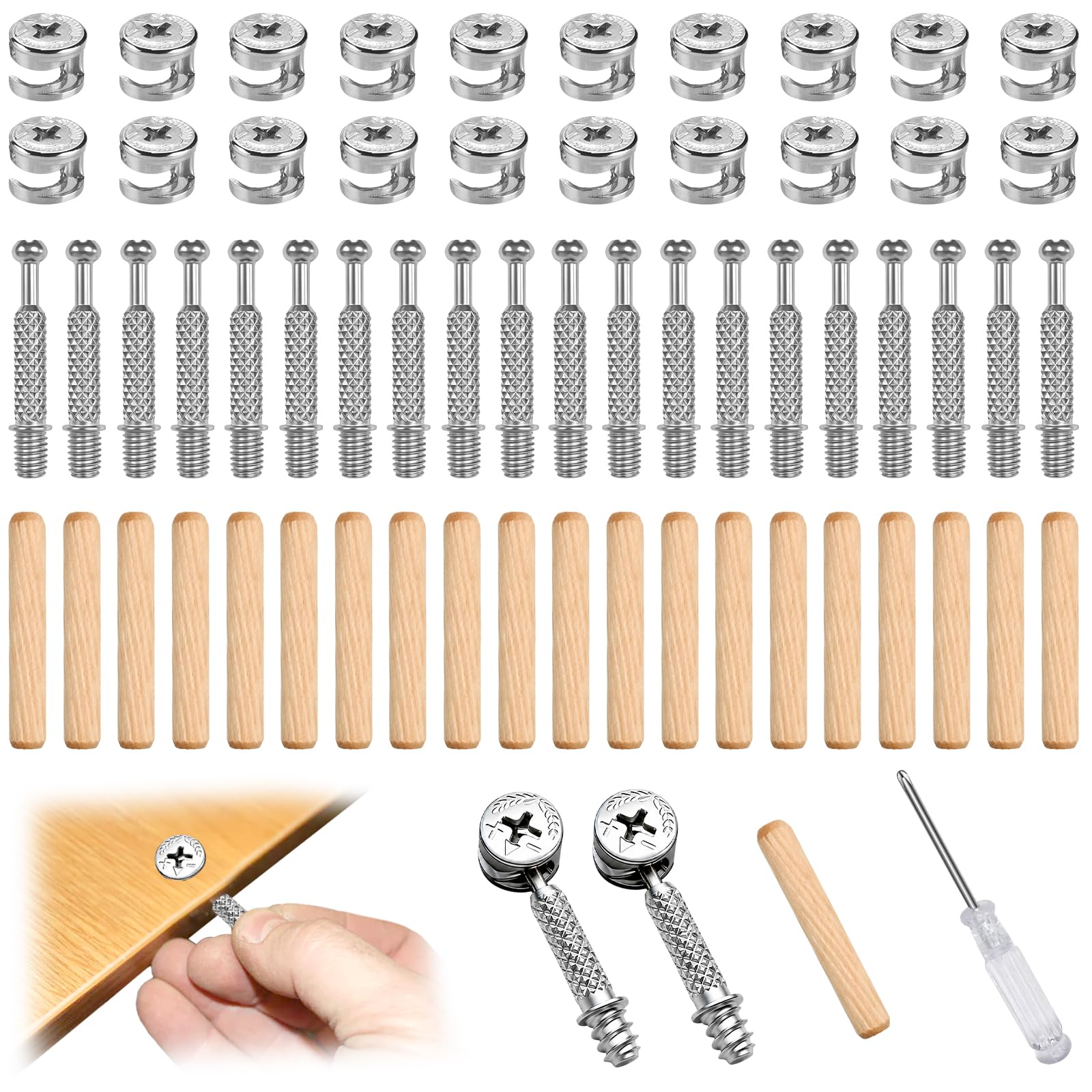Amentalove 80PCS Eccentric Furniture Connector Kit with Ø15mm Cam Lock Nut, M6 Connecting Bolts,Wooden Dowels and Screwdriver, Furniture Connector Hardware Fixings Set for Bed Wardrobe Cupboard Drawer