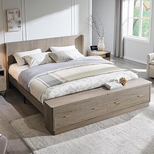 T4TREAM Fluted King Size Bed Frame with Wingback Headboard, Footboard Storage Bench with Built-in Drawers & Lift-Up Compartments, Wood & Steel Platform Bed, No Box Spring Needed, Grey Alder
