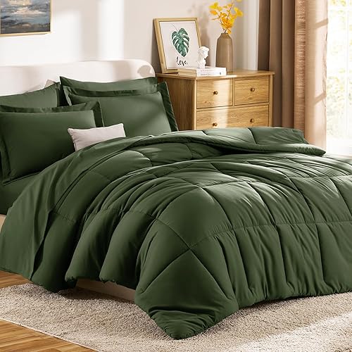 Miniatura 9 de CozyLux Juego de edredón tamaño Queen, color verde oliva, 7 piezas de cama en una bolsa, tamaño Queen, juego de ropa de cama transpirable para todas