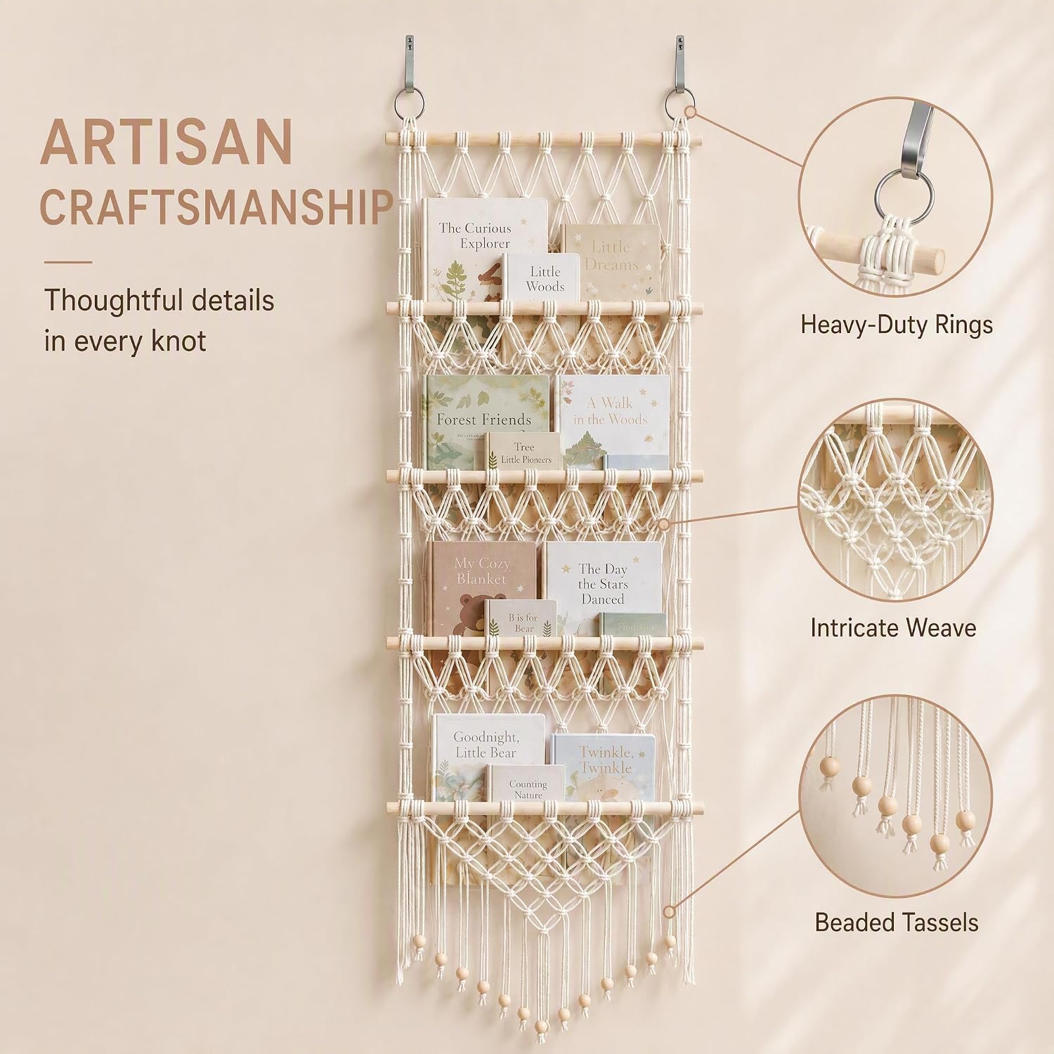 Over the Door Boho Macrame Kids Book Organizer (Ivory,16.5" W)