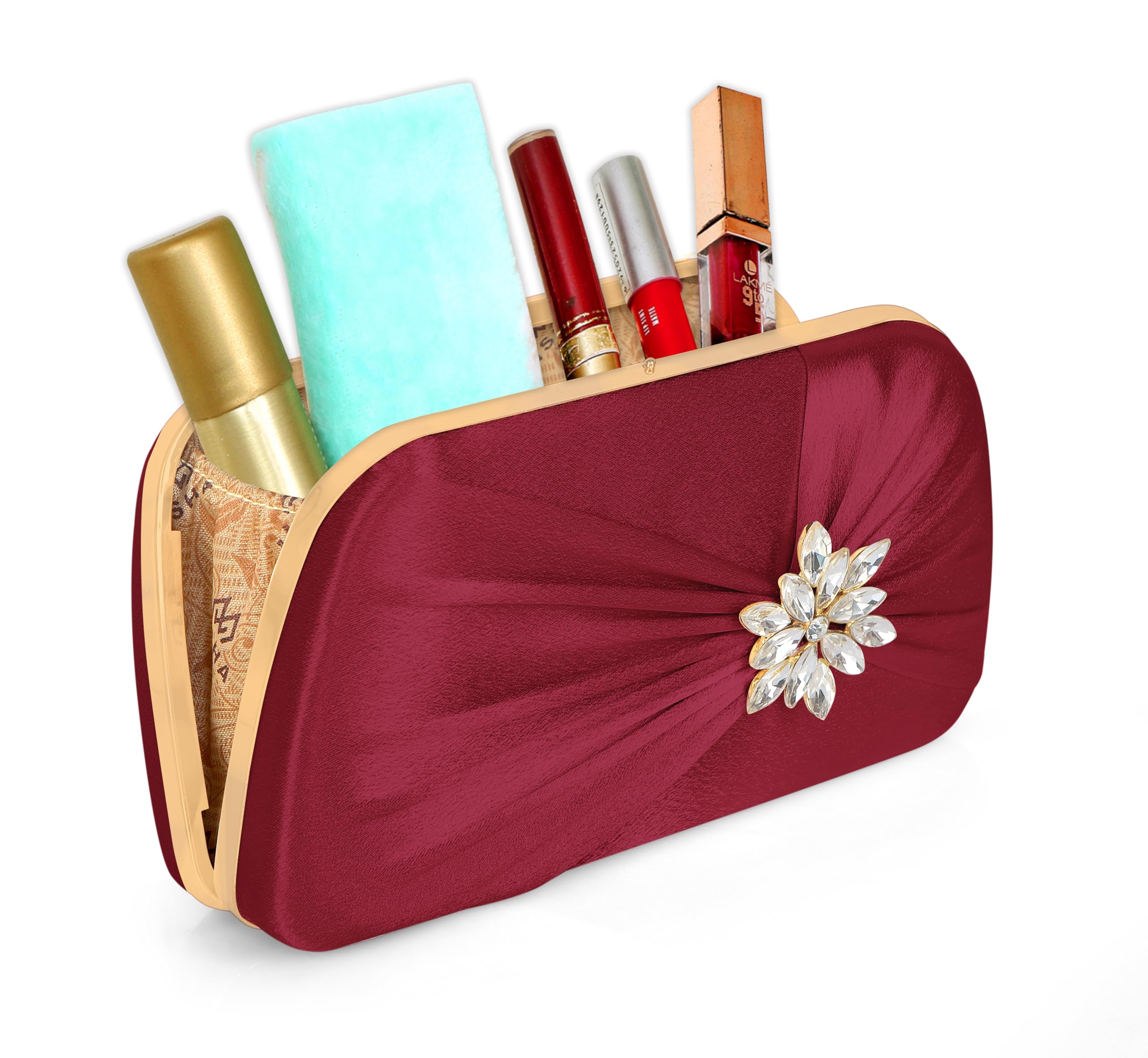 MISHA Radiance Flower Diamond Satin Clutch (MAROON) 2