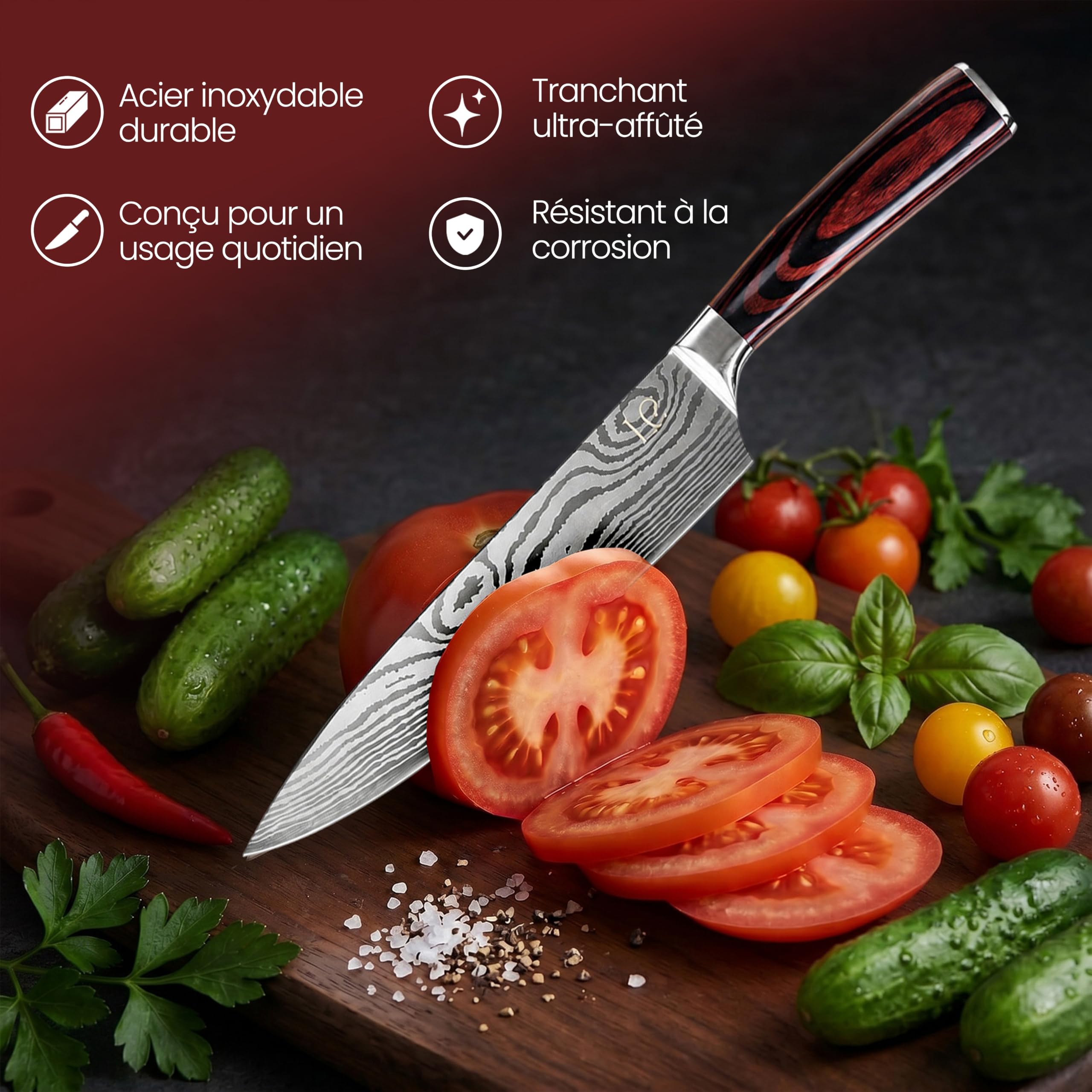 Set de 4 Couteaux Japonais avec Pierre à Aiguiser – Chef, Santoku, Utilitaire, Office – Motif Damas – Manche Bois Pakka – Coffret Cadeau à offrir