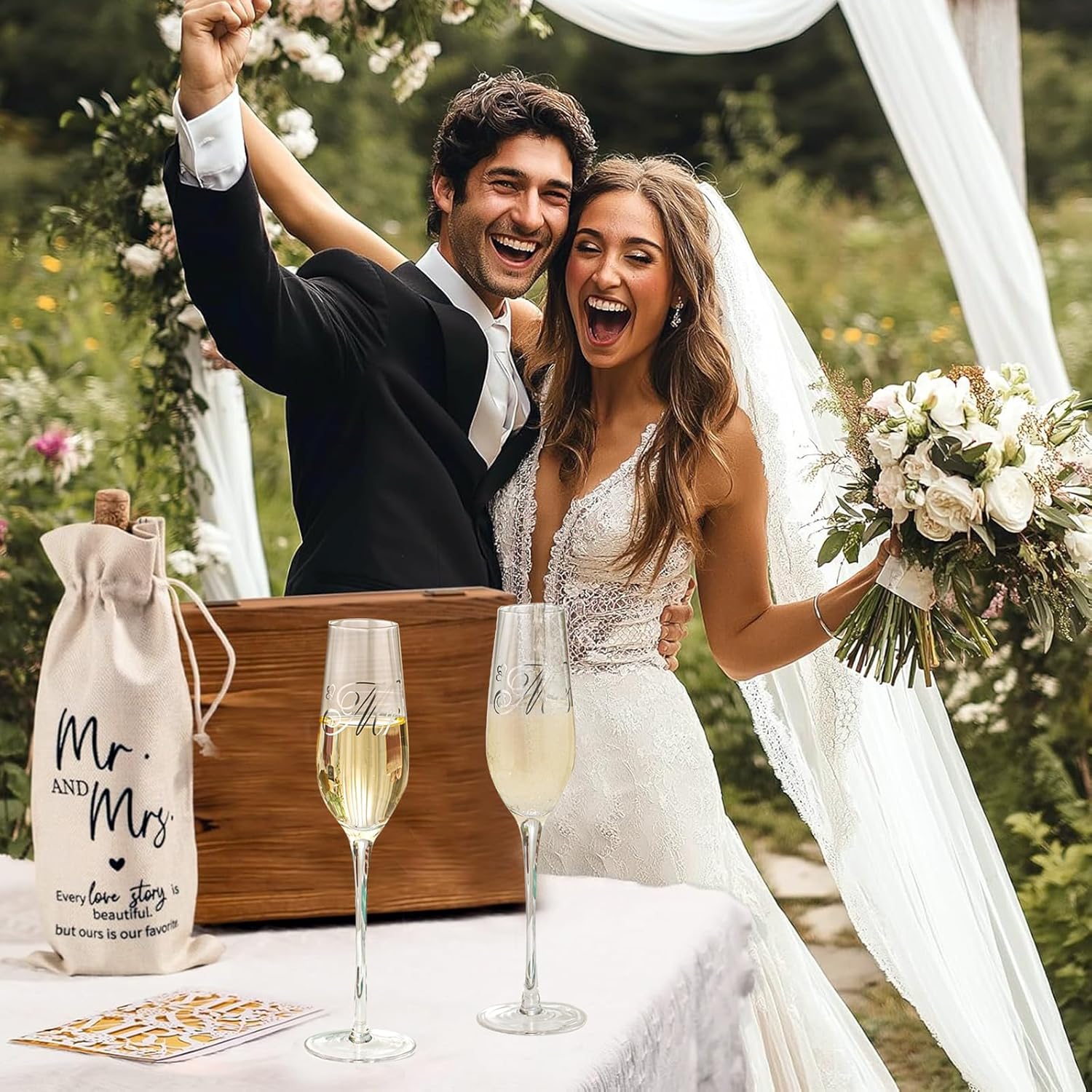 engagement party gifts for sibling cake set and champagne flutes styled