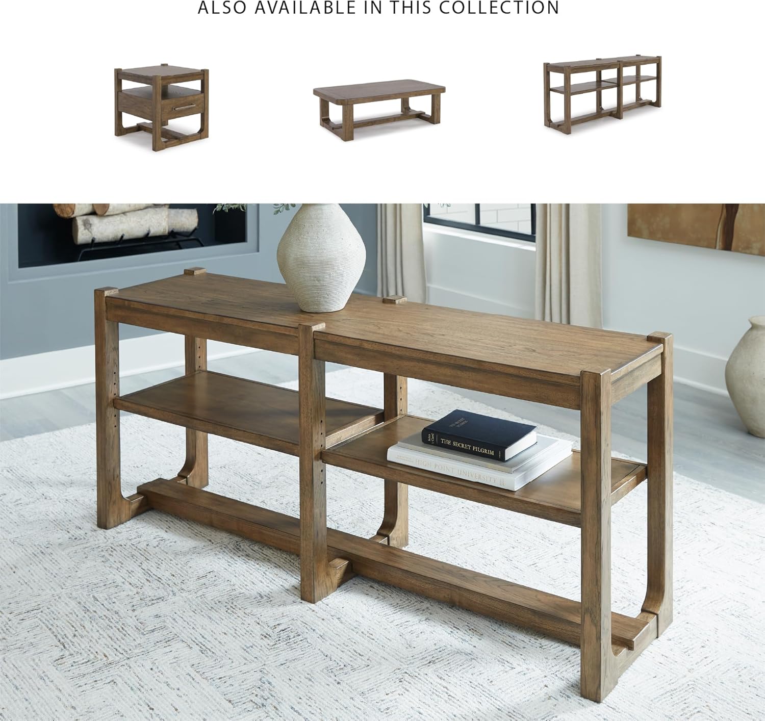 Signature Design by Ashley Cabalynn Farmhouse Sofa Table with 2 Adjustable Shelves, Light Brown