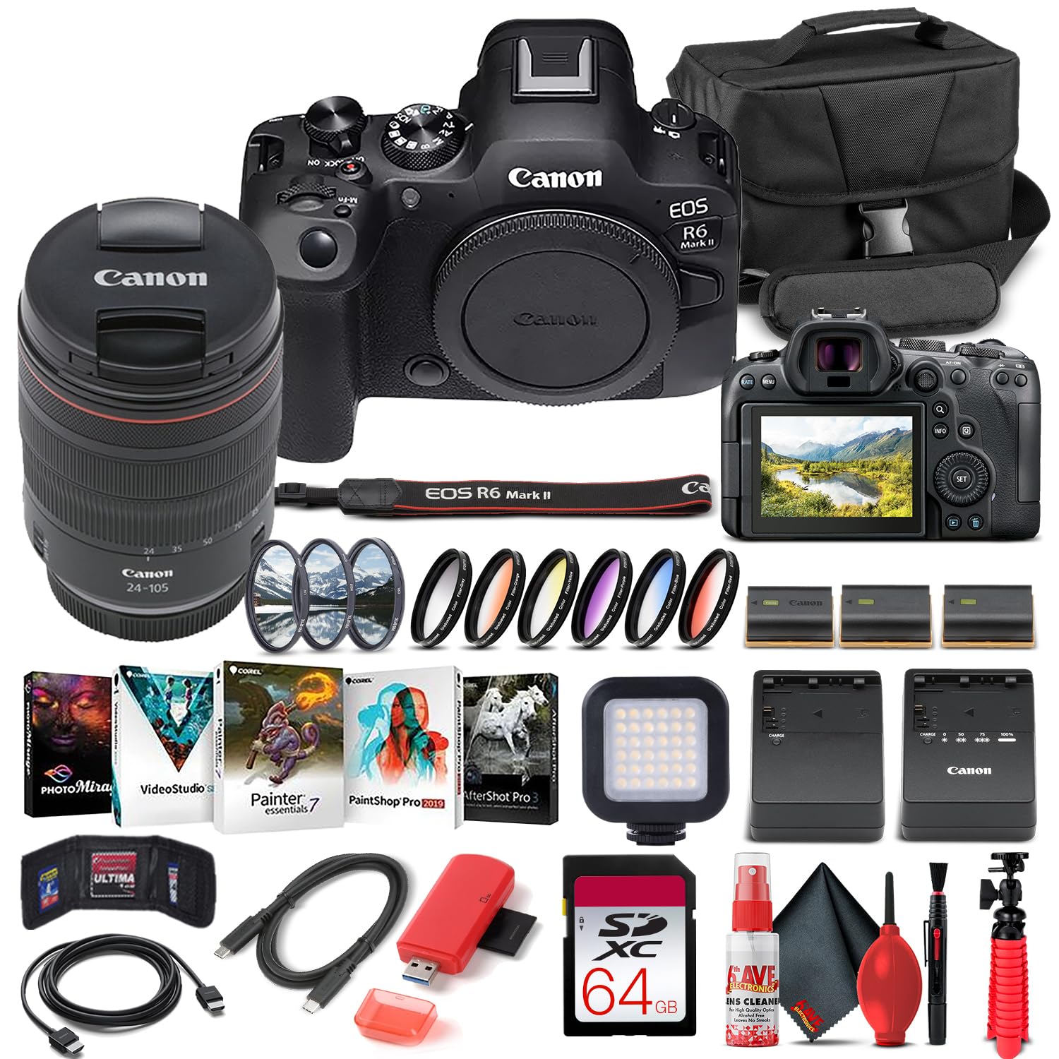 Canon EOS R6 Mark II Mirrorless Camera with 24-105mm f/4 Lens (5666C011) + 64GB Card + Case + Corel Photo Software + 2 x LPE6 Battery + Card Reader + LED Light + More (INTL. Model)