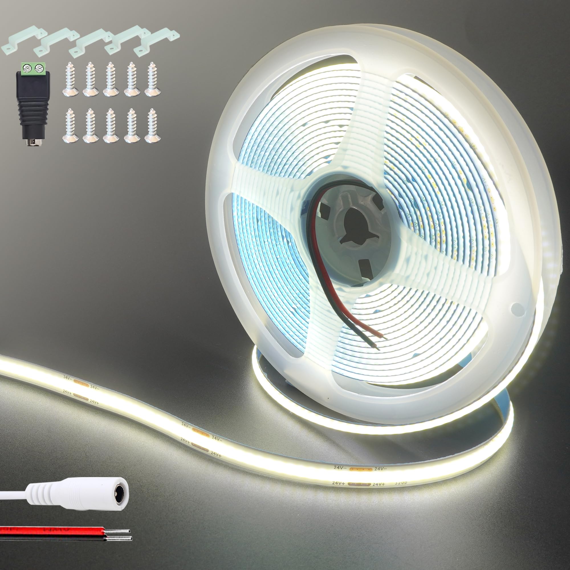 Clearhill 24V COB LED Strip Lights(No Power Supply), 32.8FT/10M,Cool White 6500K,320LEDs/M,with 5521DC Female and red and Black Wire Connectors,8mm Width,IP20,for DIY Home Indoor Decoration