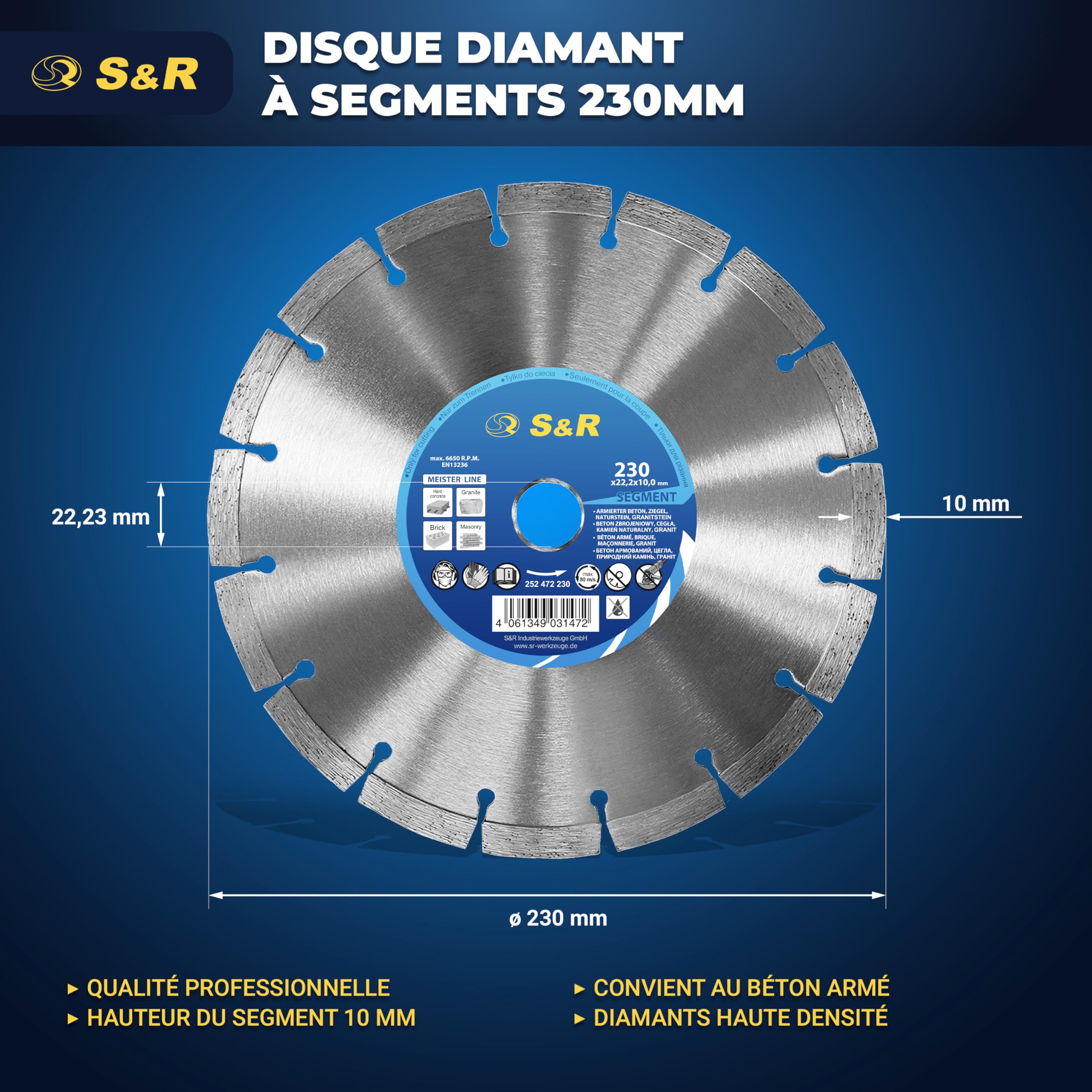 S&R Disque Diamant 230mm à tronçonner BÉTON ARMÉE/Granit/Pierre/Brique. Disque 230 Premium à segments diamants de 10mm. Qualité Industrielle