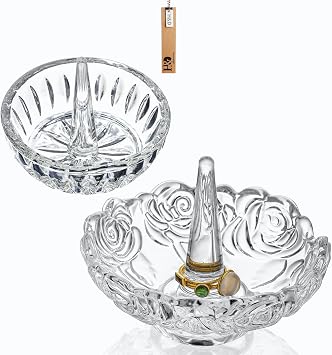 H&D HYALINE & DORA Crystal Ring Holder Dish and Clear Crystal Ring Holder,Round Glass Ring Dish,Jewelry Rack Ring Holder for Wedding