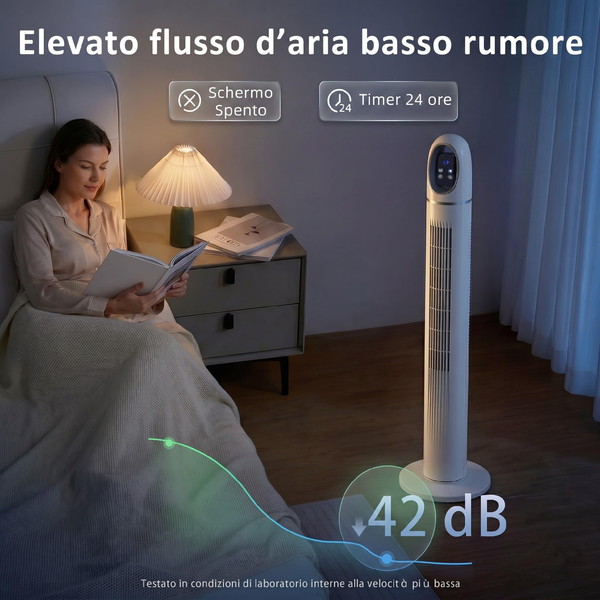 HOMCOM Ventilatore a Torre per Camera da Letto con 4 Modalità, 3 Velocità, Ventilatore da Pavimento Oscillante a 70°, Display LED, Timer 24 Ore e Telecomando, 110 cm, Bianco