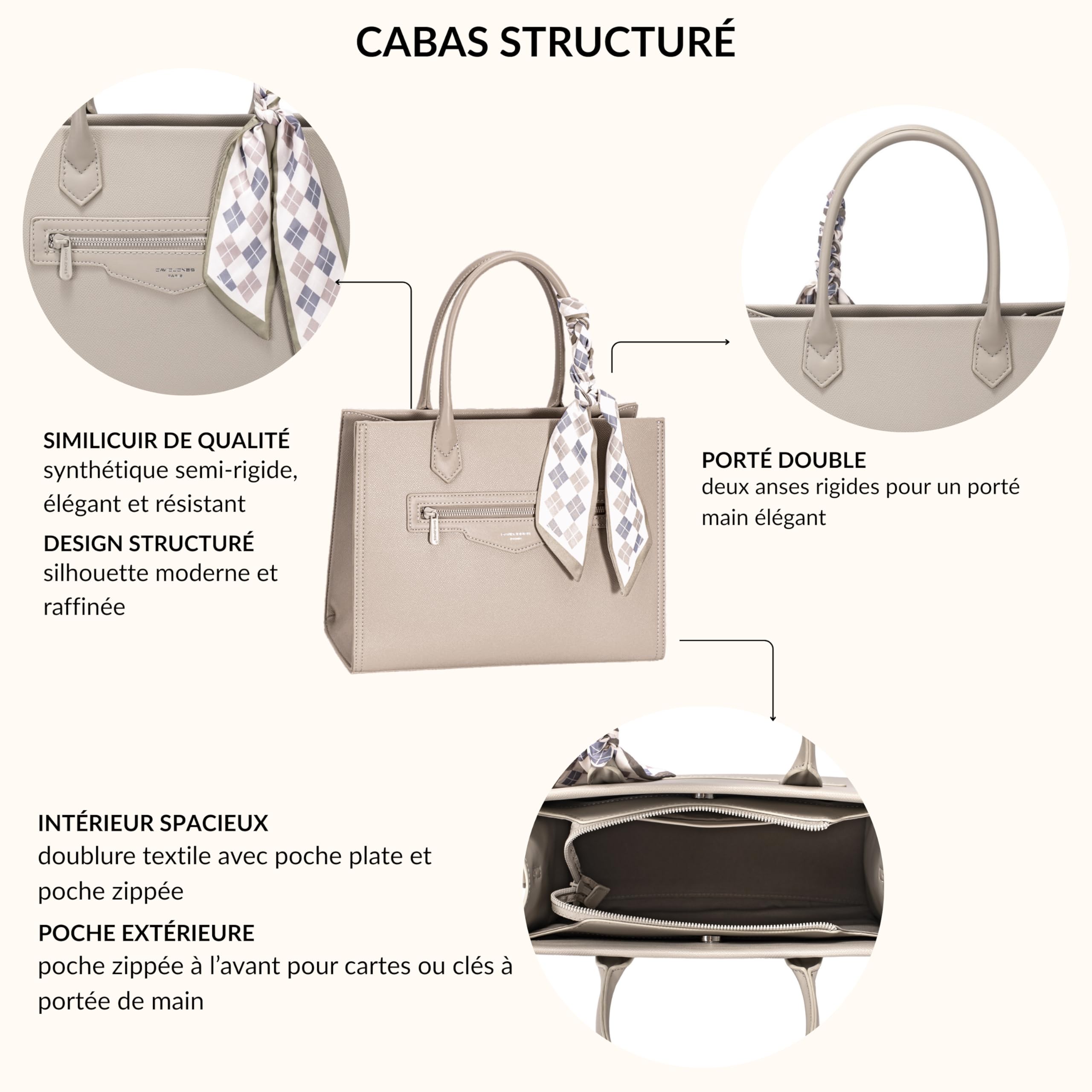 David Jones – Bolso de mano para mujer de piel sintética – Bolso de mano grande – Gran capacidad – Doble bolsillo lateral – Trabajo Oficina Ciudad Chic Clásico Elegante