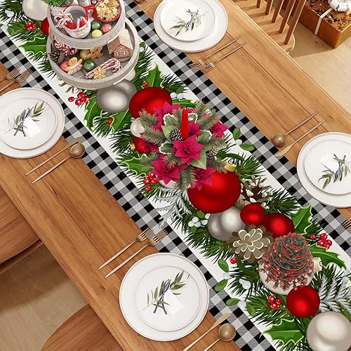 Miniatura 4 de Jiudungs Camino de mesa navideño de lino a cuadros blancos y negros, 72 pulgadas de largo, temporada de invierno, Navidad, vacaciones, decoración de