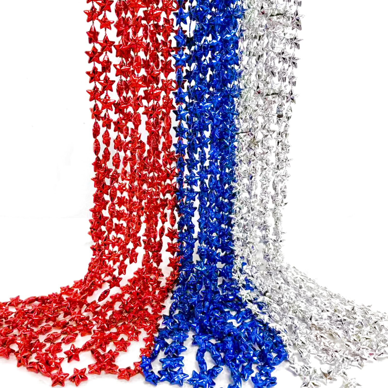 Photo 1 of 18 Pieces Patriotic Star Bead Necklaces Bulk, 33 Inches Red White Blue Metallic Necklaces for 4th of July, Independence Day, Memorial Day, Veteran Parade Party Favors and American-Themed Celebrations