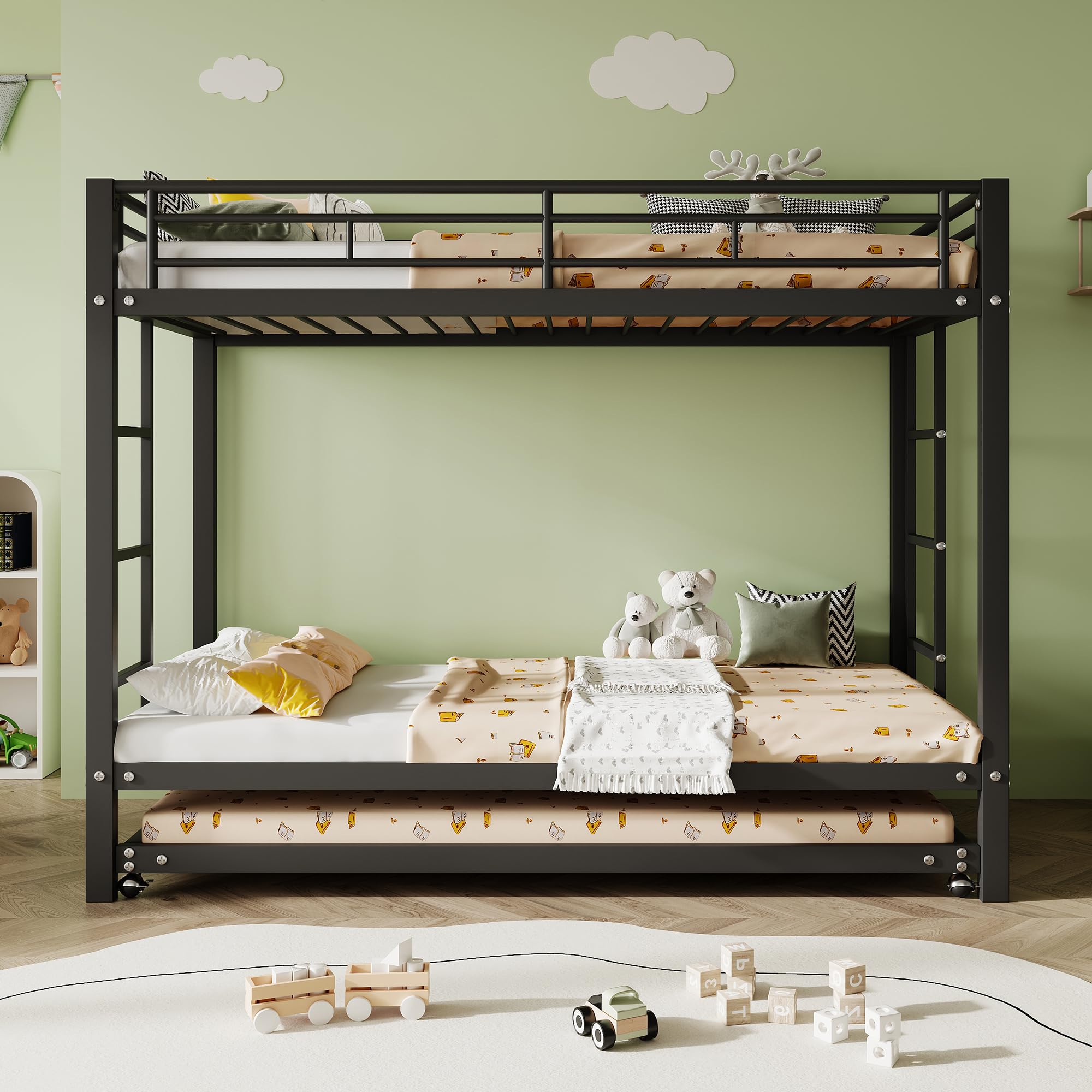 Literas 3 Camas 90x200 cm con Cama extraíble 90x190 cm Incluidas Las Pastillas de Freno, Marco de Camas de Metal con Barreras de Seguridad, con somier de láminas, sin Colchón, Negro