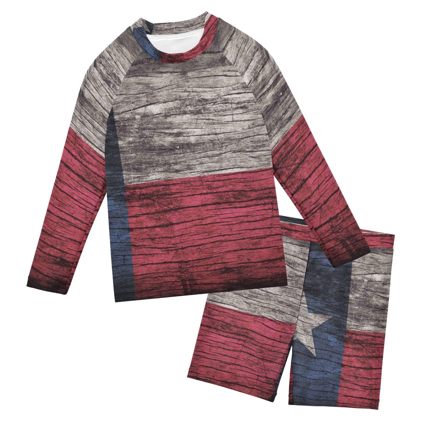 Aflyko Patriot Boys' Rash Guard Set Texas Flag Wooden SPF 50+ Sun Protection Swimsuit Multicoloured