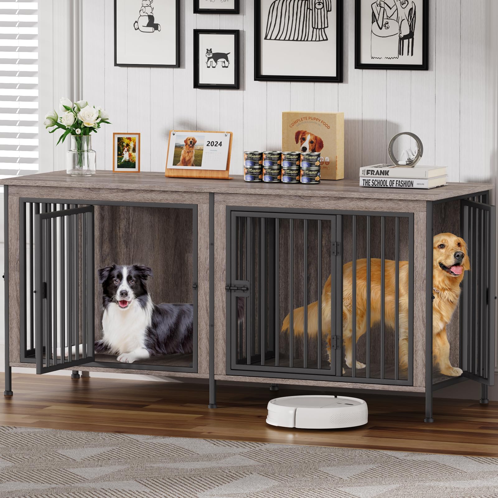 EasyCom Dog Crate Furniture for 1 or 2 Dogs, Heavy Duty Single/Double Dog Crates for Small/Medium/Large Dogs, Dog Kennel Furniture Indoor as TV Stand, Large Size 78.74" L(35-60 Pounds), Oak Grey - 2