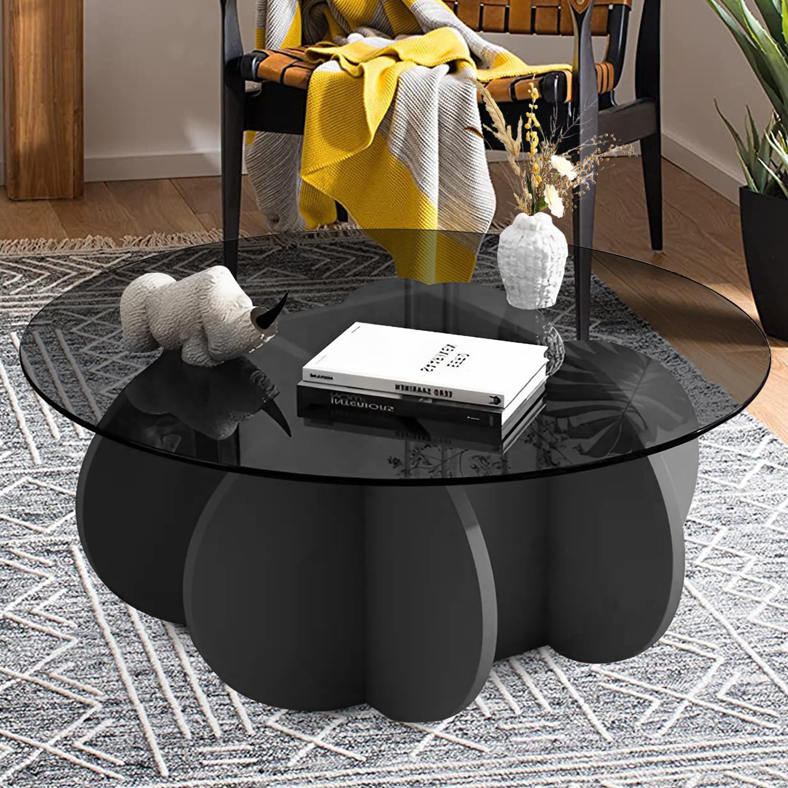 Coffee Table Round，Modern Small Round Wood Coffee Tables for Living Room Black&Brown Circle Coffee Table Circular Wooden Tea Table with Tempered Glass