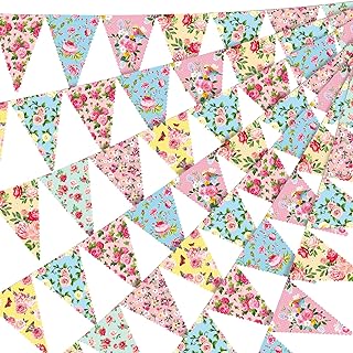 Faccito 60 unidades de papel para fiesta de té floral de 49 pies, decoración de banderines al aire libre, banderines florales, guirnalda de flores silvestres, suministros de cumpleaños para fiesta de