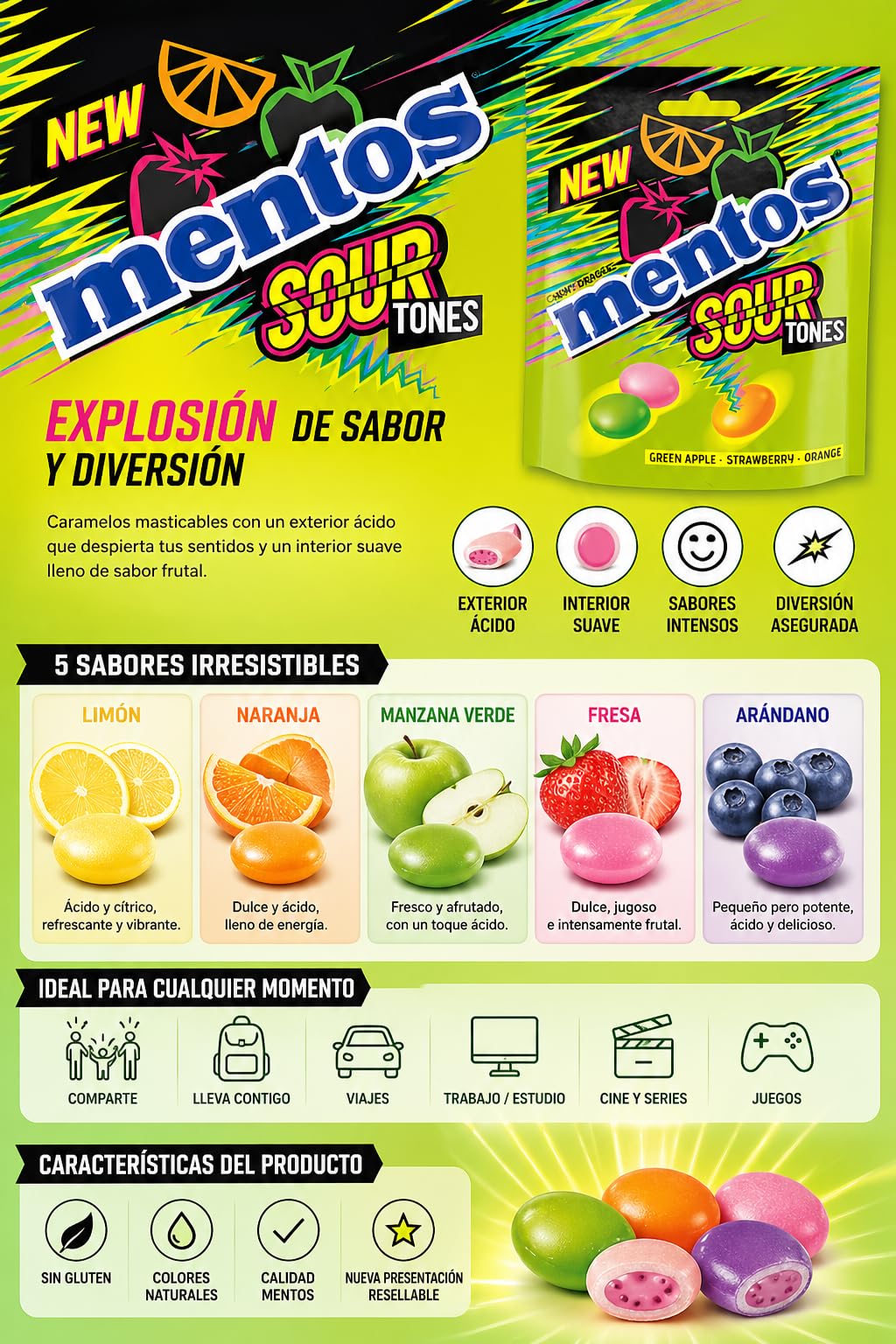 Mentos Sour Tones Caramelos Ácidos Pack 7 Bolsas Limón Naranja Manzana Verde Fresa Arándano