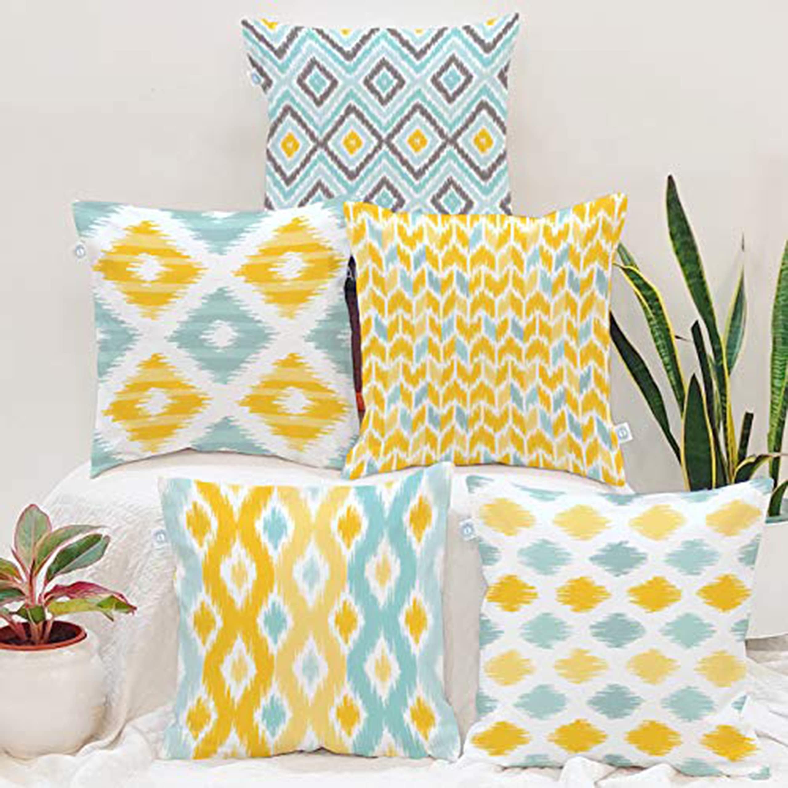 STITCHNEST Set of 5 Jute Cushion Covers – 16x16 Inches – Yellow & Aqua Ikat-Inspired Geometric Print – Vibrant Cushion Covers for Sofa, Couch & Living Room | Perfect for Home Decor