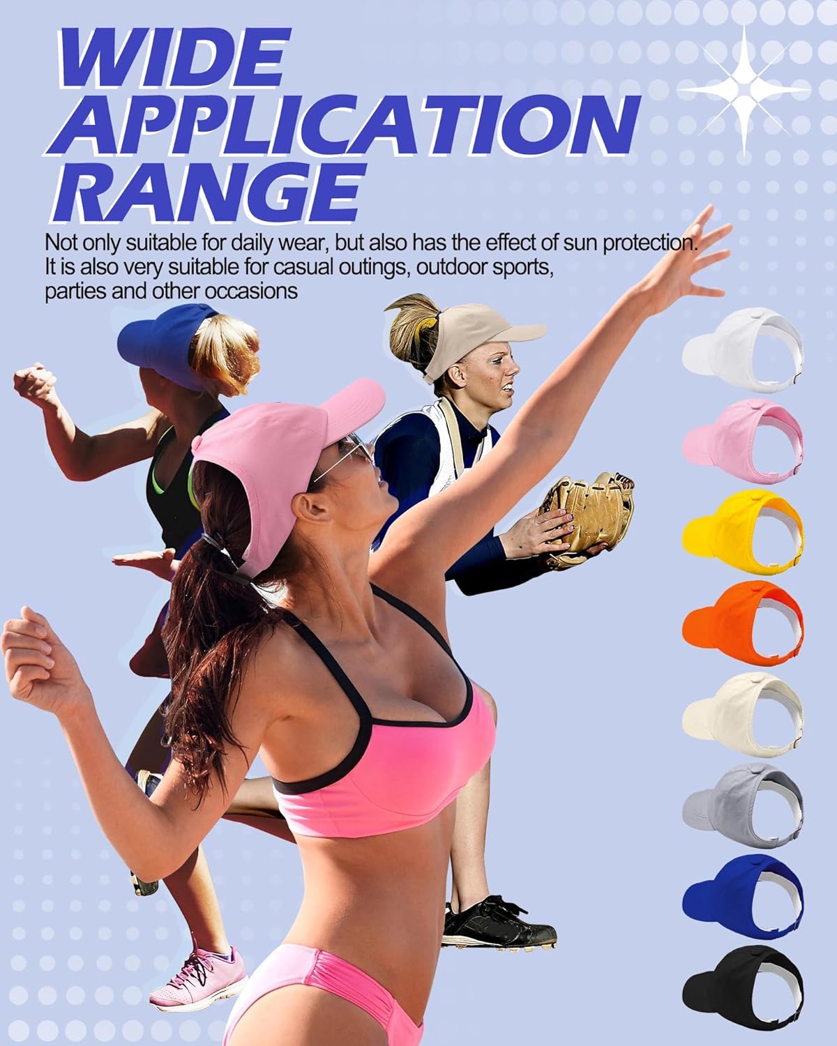 Jiuguva 8pcs Ponytail Hats for Women Backless Baseball Hats Adjustable Caps for Sun Visor Messy Bun Curly Hair