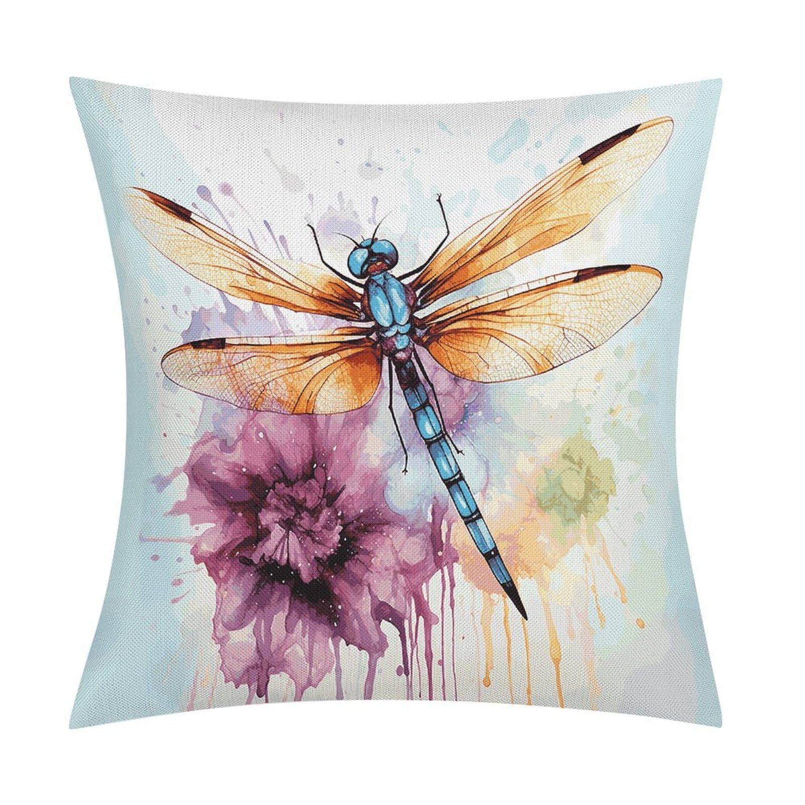 Fodpand Style Dragonfly Watercolor Painting Pillow Covers 18X18 Inch, Pillow Cases Boho Farmhouse, Throw Pillow Covers For Couch Sofa Bed Spring Home Decor