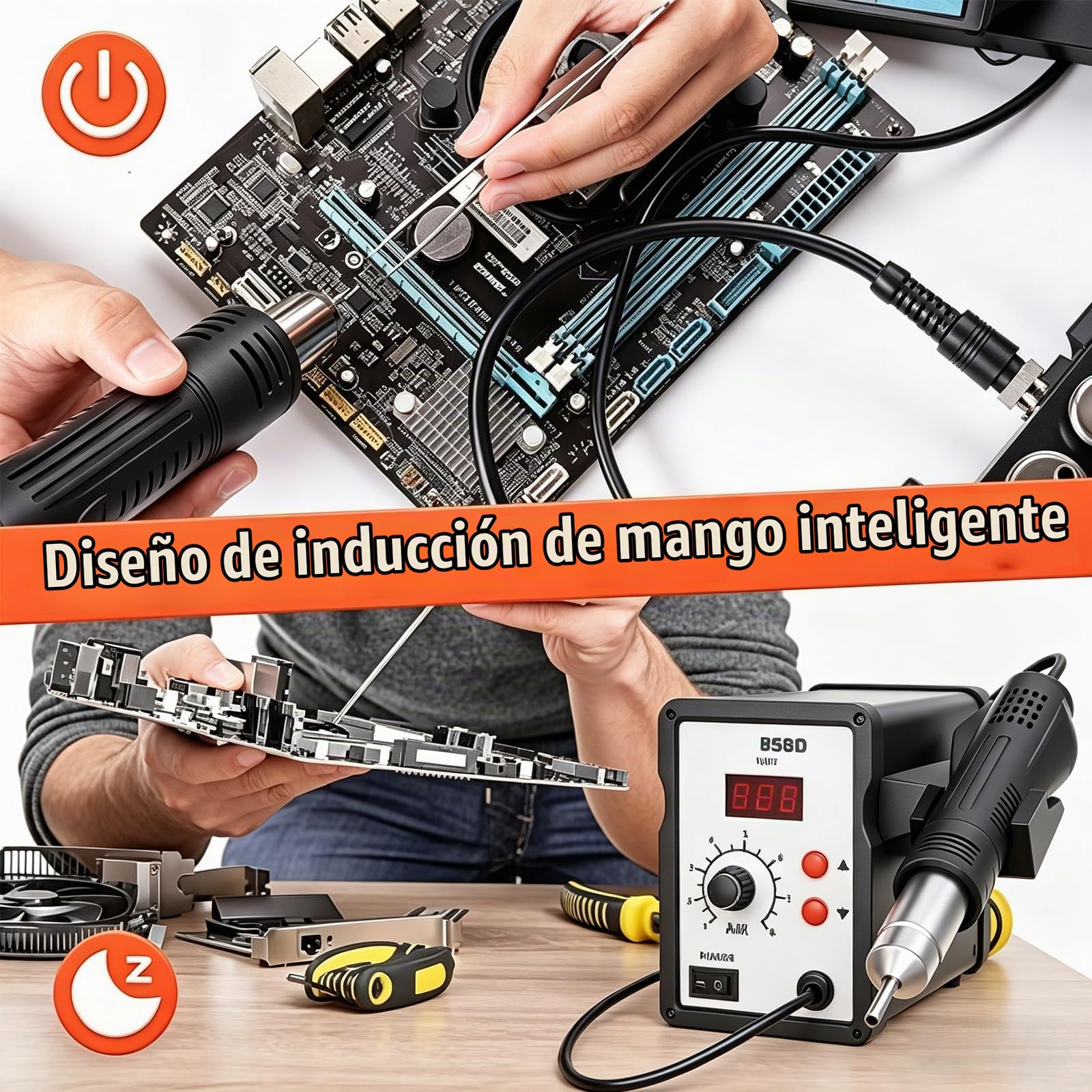 858D - Estación de soldadura de aire caliente (700 W, pantalla digital, 100-480 °C, con 4 boquillas para BGA, SOIC, CHIP, QFP, PLCC)