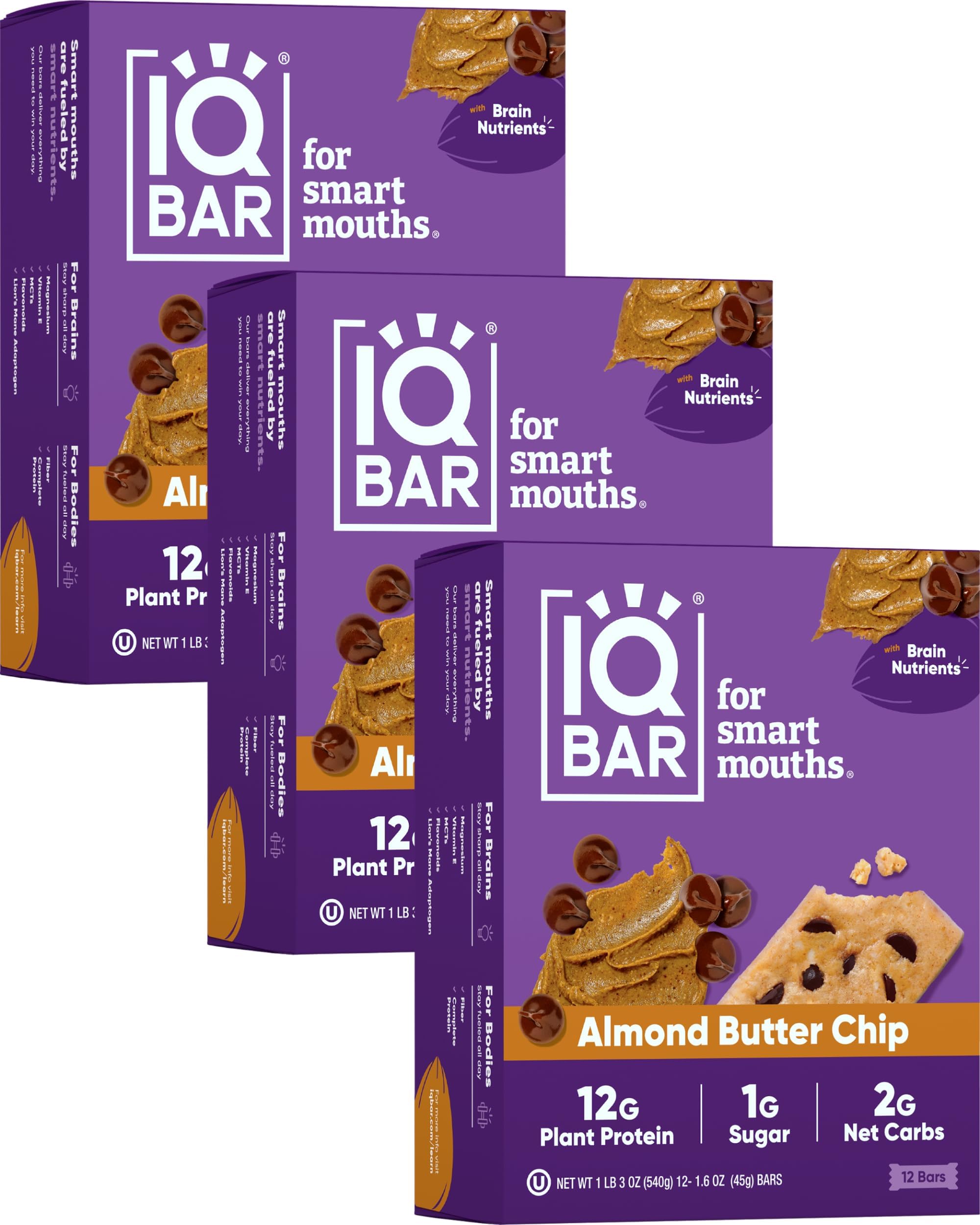 IQBAR Brain and Body Plant Protein Bars - Almond Butter Chip - 36 Count, Low Carb, High Fiber, Gluten Free, Vegan Snacks - Low Sugar Keto Energy Bars