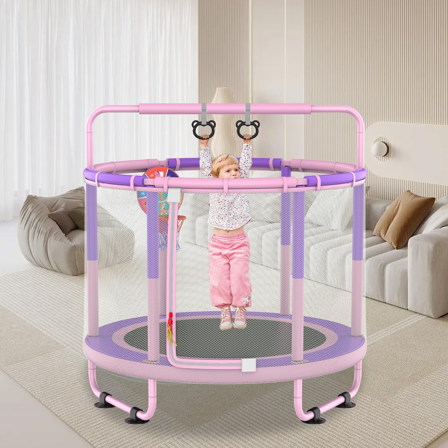 CZCPAPY Children'S Trampoline, Outdoor Children'S Trampoline, Indoor and Outdoor Use, with Safety Net, Basket, Poles, Swings, Gift for Kids (pink-purple)