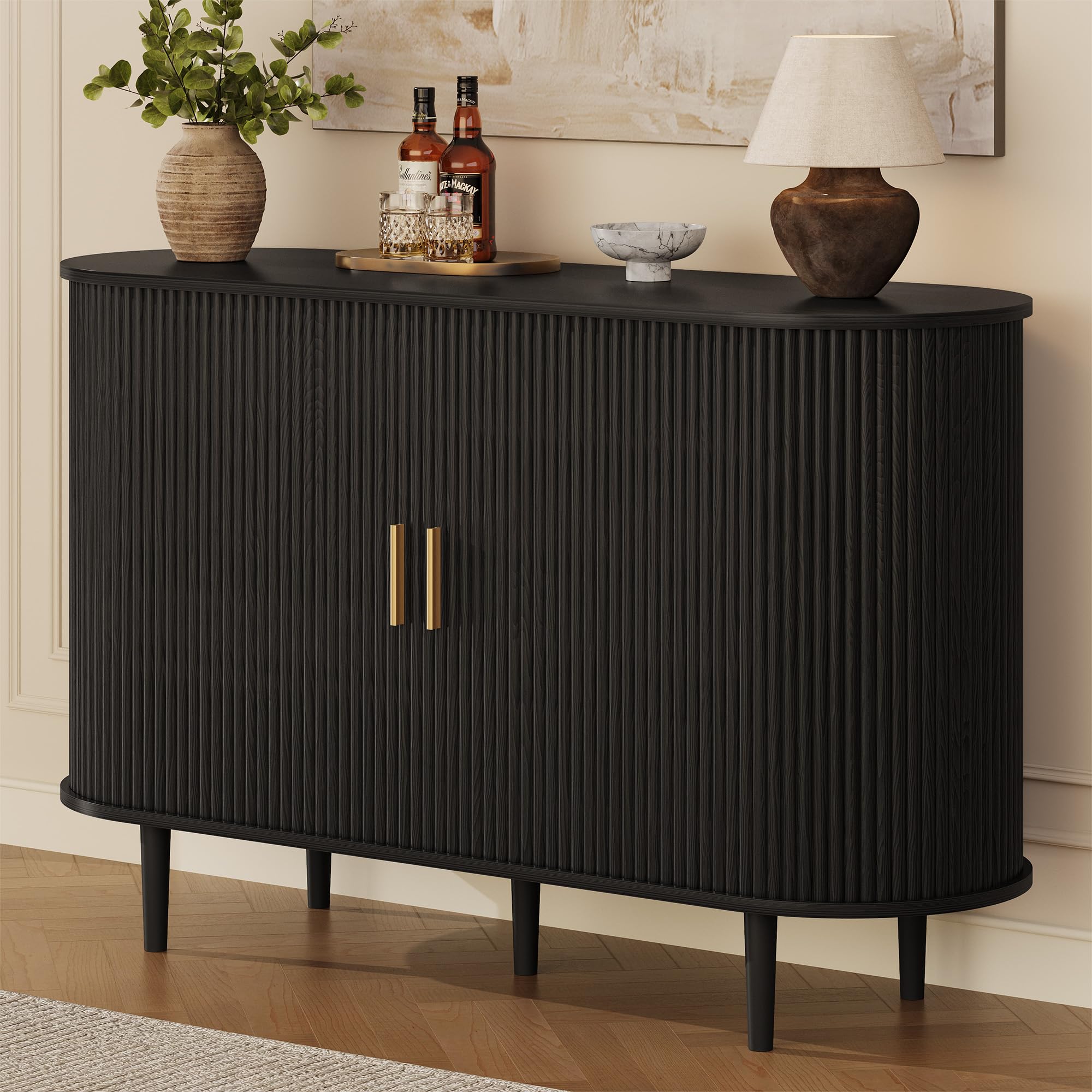 DHH 47.2" Sideboard Buffet Cabinet with Storage,Mid Century Modern Fluted Accent Coffee Bar Console Table,Tambour Sliding Doors&amp; Adjustable Shelf for Kitchen, Living Room, Entryway (Black)
