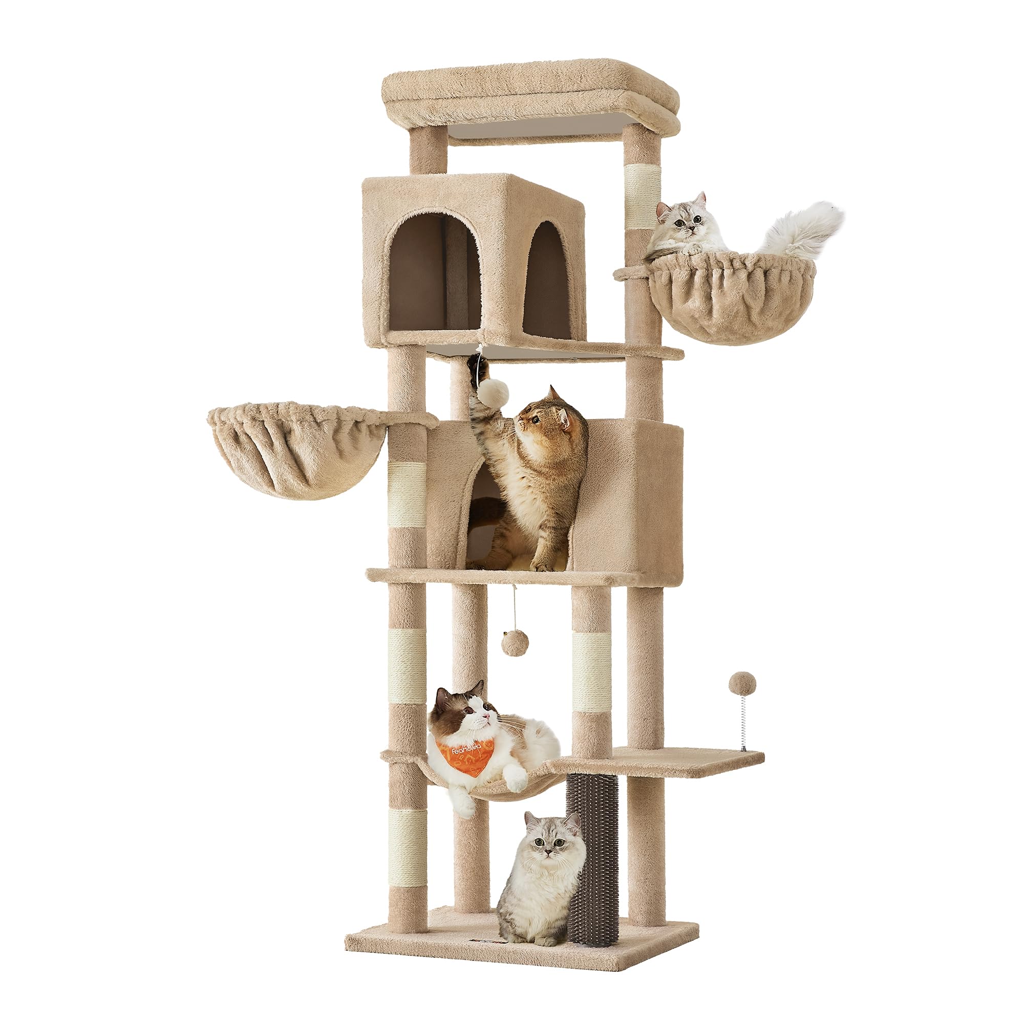 Feandrea Grand Arbre à Chat, Tour à Chat de 175 cm de Haut, Multi-Niveaux, avec 2 Niches, 2 Paniers, 5 Griffoirs, Toilettage Autonome, Perchoir, Hamac, Marron Camel PCT182K01