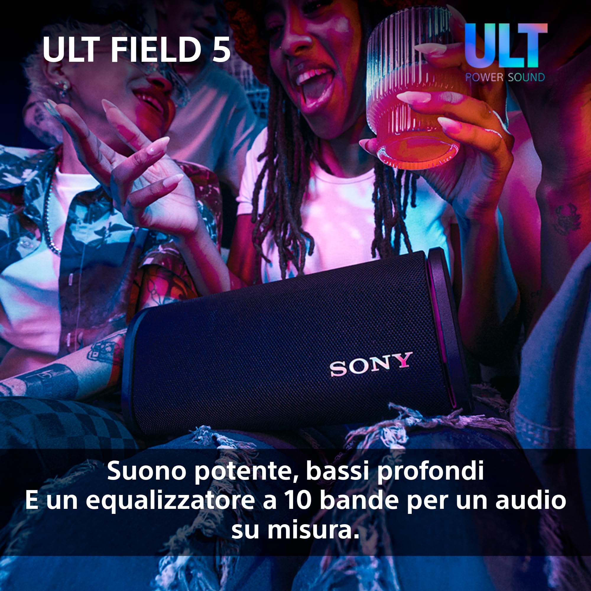 Sony ULT FIELD 5 - Potente speaker portatile Bluetooth, batteria da 25 ore, 2 modalità ULT POWER SOUND, IP67, impermeabile, antipolvere, 360 luci, tracolla staccabile, compatto - Nero
