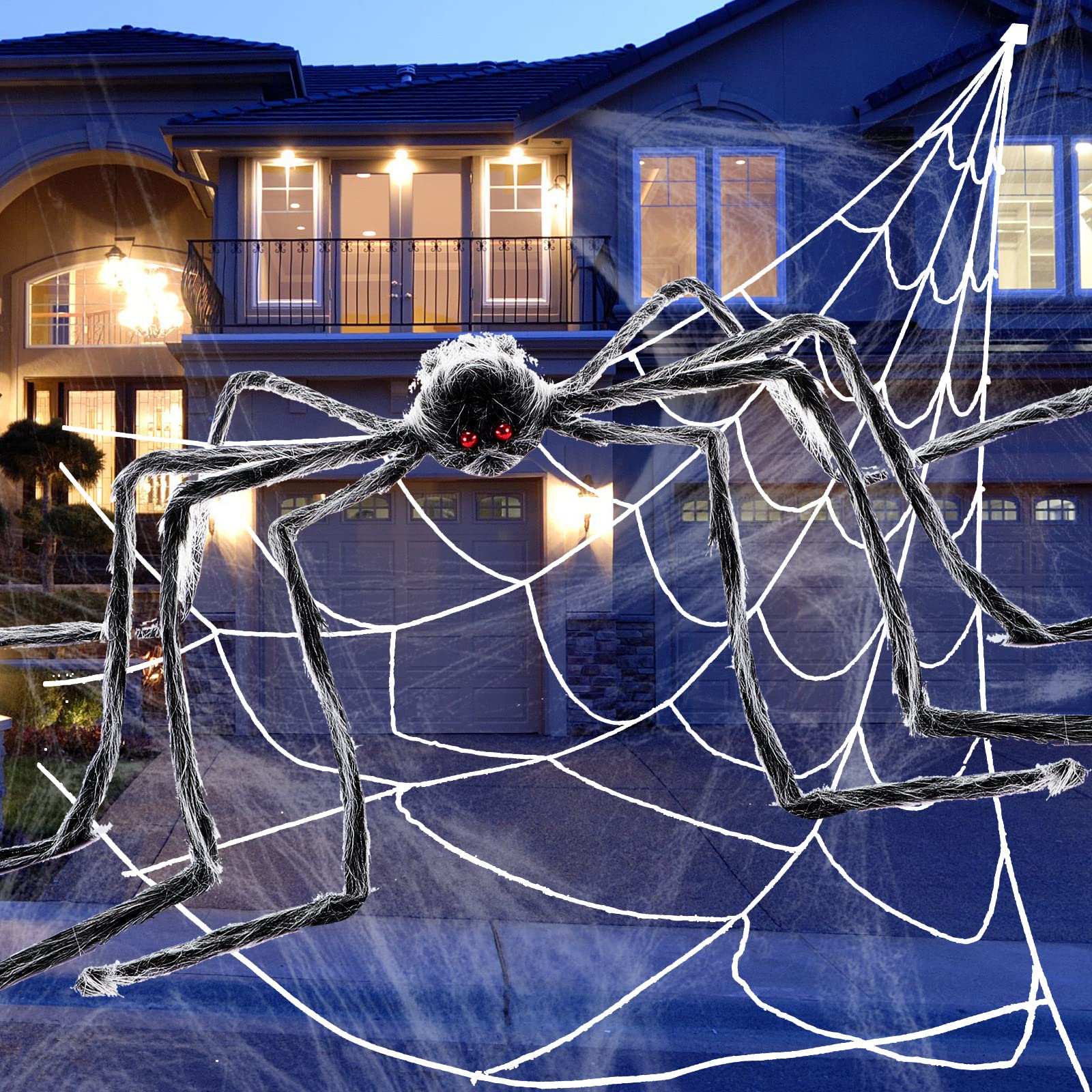 Photo 1 of 2 Pcs Halloween Spider Decorations, 59" Giant Spider 276" Triangular Spider Web, Huge Stretch Web and Ground Stakes for Indoor Outdoor Haunted House Garden Lawn Halloween Decor