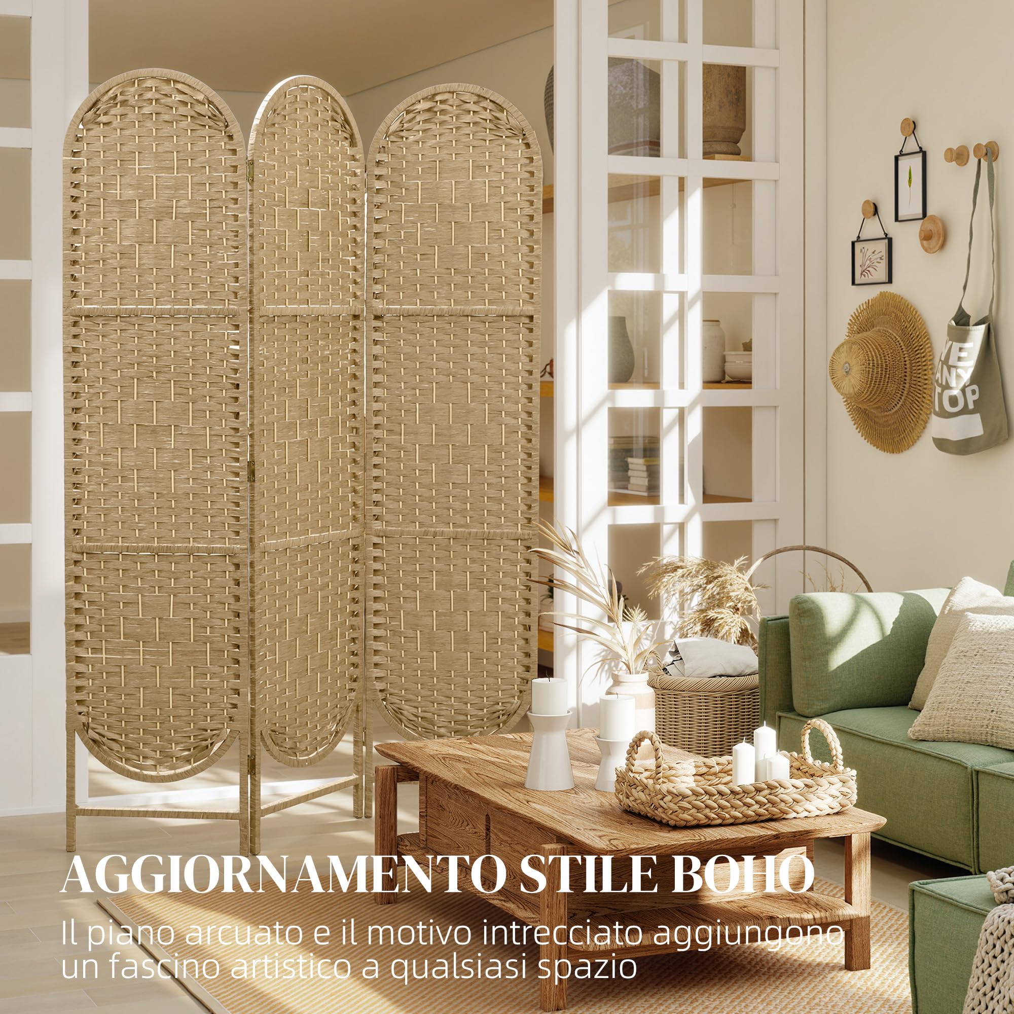 HOMCOM Paravento da Interni Pieghevole 3 Pannelli 120x170 cm Color Legno | Separé Divisorio per Ambienti Autoportante, Stile Bohemien, Carta e Legno di Pino, per Casa, Soggiorno