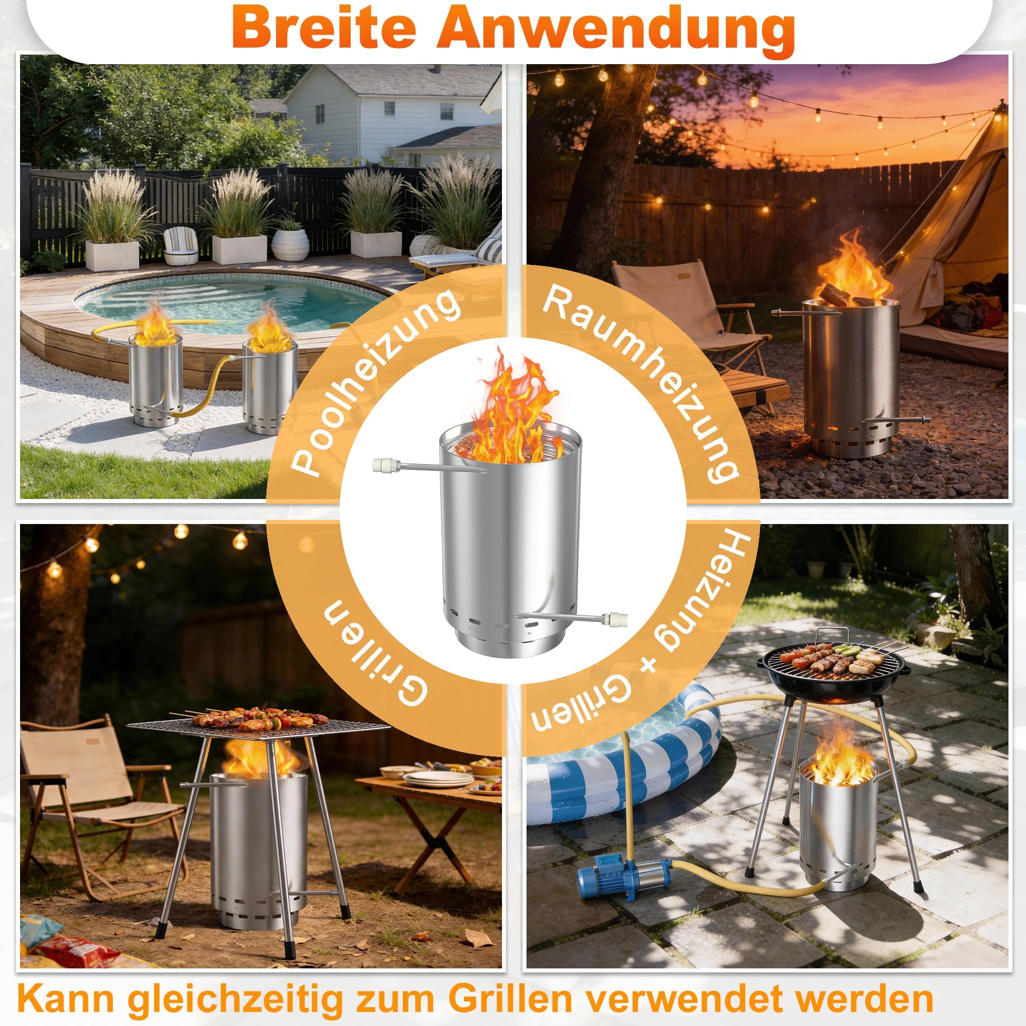 LZQ Poolheizung Edelstahl Feuertonne, Holz Poolofen mit Heizspirale 32/38 mm Anschluss Outdoor Schwimmbad Wassererwärmer Holzbeheizt – inkl. Feuerfeste Matte & Restasche Auffangwanne, 1 Stück