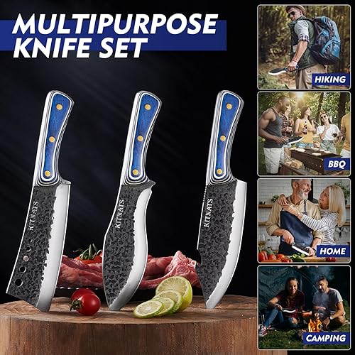 Miniatura 4 de Juego de cuchillos de cocina de 3 piezas, cuchillos de carnicero forjados a mano, cuchillos de chef, cuchillo de carnicero y picador táctico,